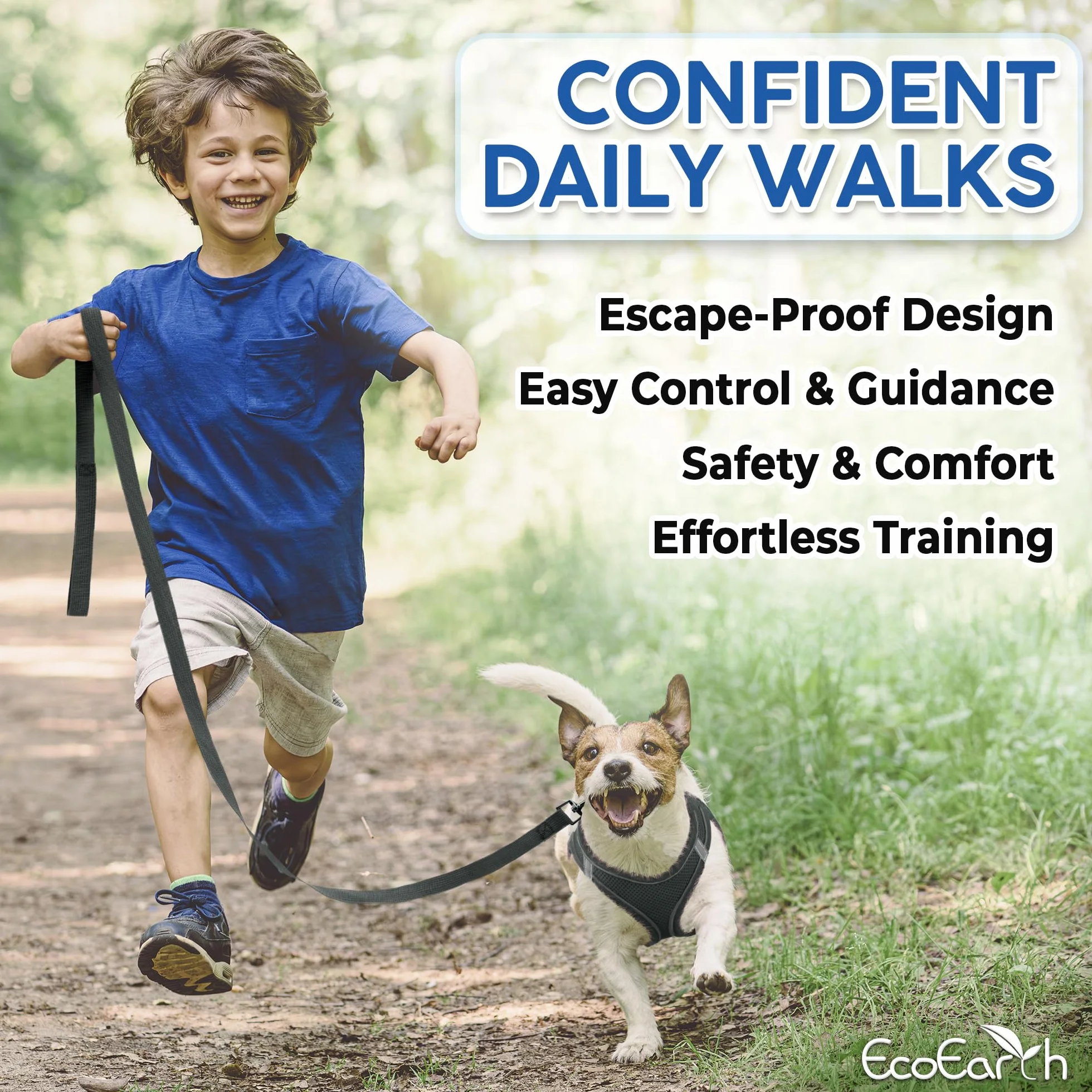 EcoEarth Dog Harness and Leash Set Large Black Soft Padded No Pull Reflective for Small Medium Dogs
