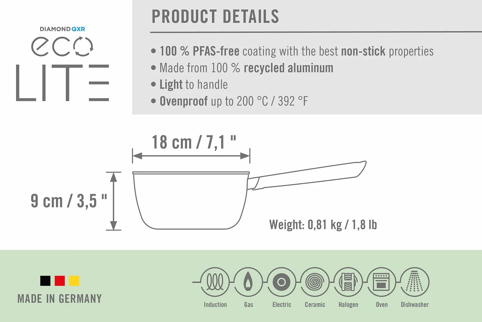 WOLL Eco Lite QXR garnek z trzonkiem Ø 18 cm, 2,0 l z mocnym trzonkiem – nieprzywierający garnek Diamond-QXR – nie zawiera PFAS – aluminium z recyklingu, indukcja, nadaje się do piekarników