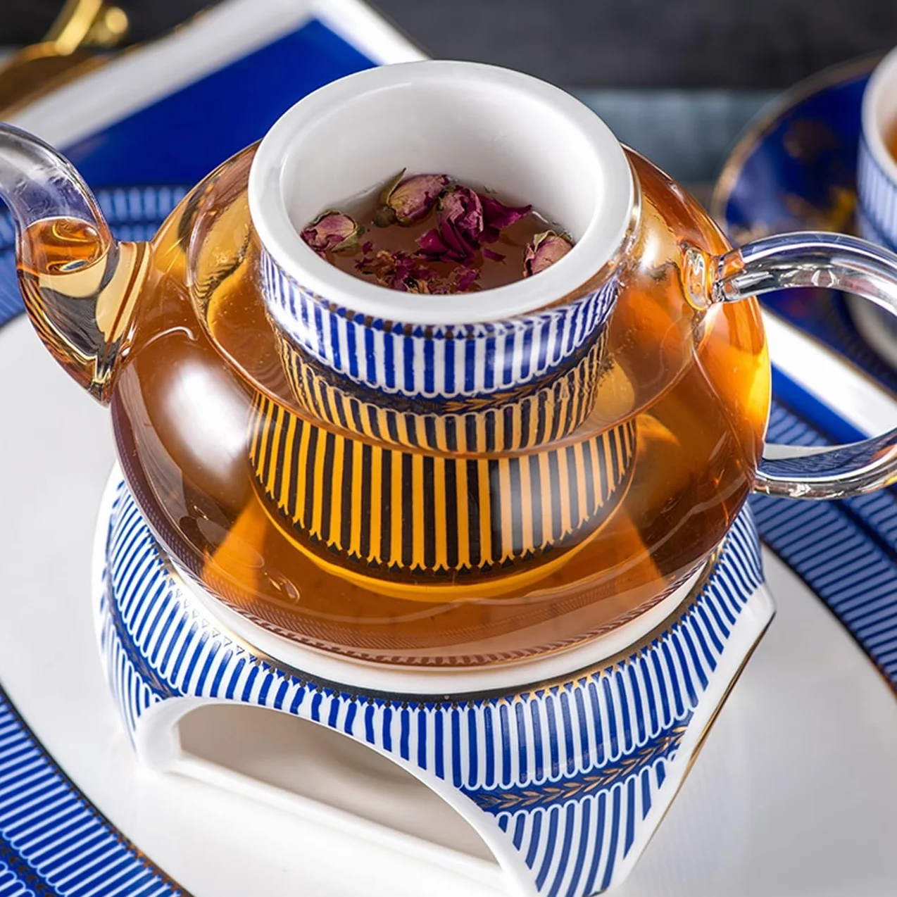 Zestaw do herbaty z porcelany kostnej z metalowym uchwytem, herbata kwiatowa, herbata owocowa, popołudniowa herbata, porcelanowe zestawy ze szklanym czajnikiem i podgrzewaczem, prezenty dla miłośnika