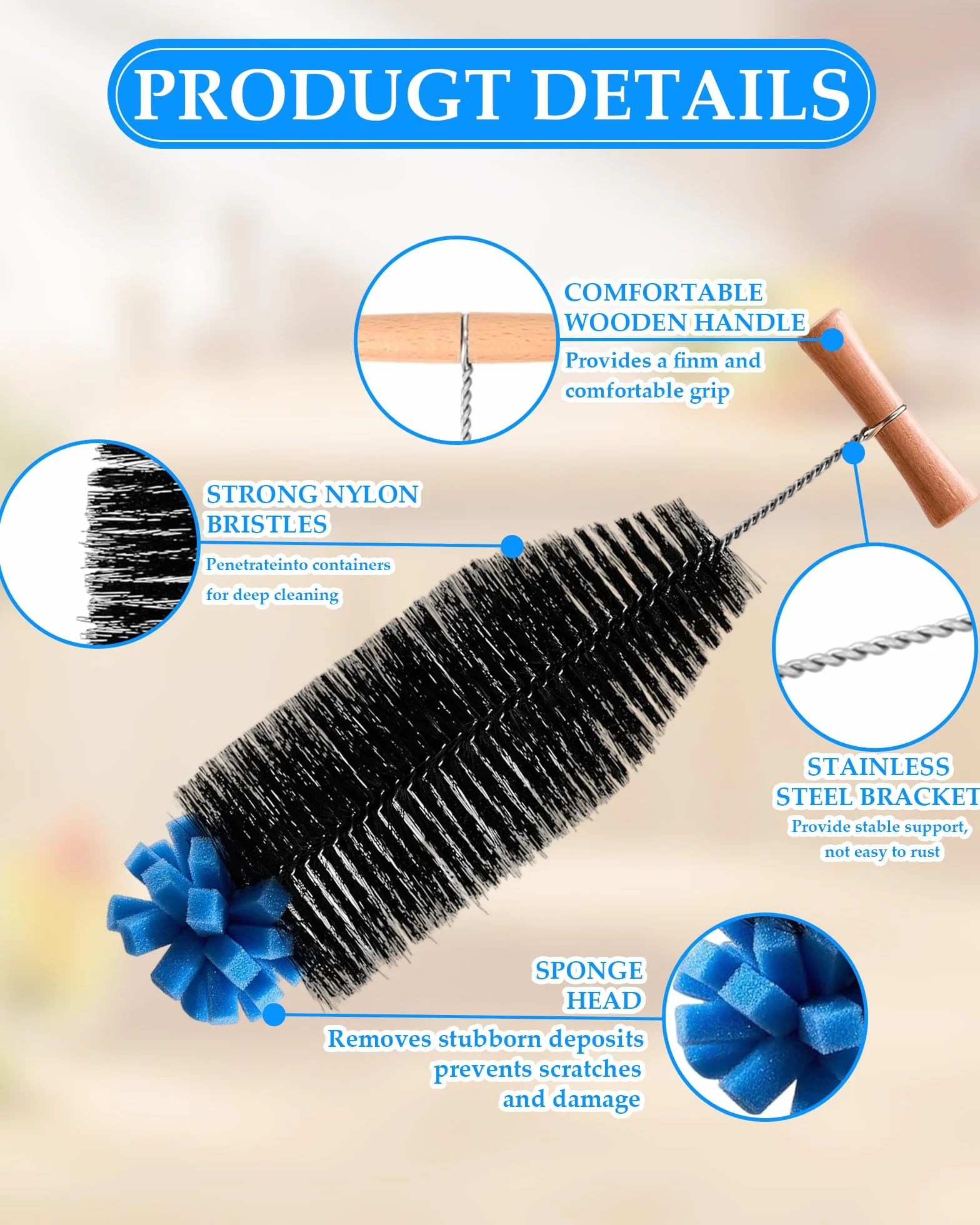 Szczoteczka do butelek 33 cm Wielofunkcyjny antypoślizgowy ergonomiczny drewniany uchwyt nadaje się do czyszczenia szklanek na wodę, butelek, butelek wina i innych pojemników