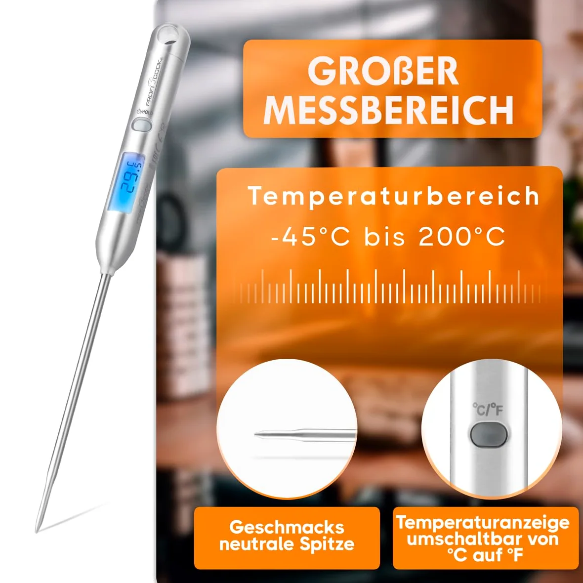 Profi Cook PC-DHT1039 - Cyfrowy termometr kuchenny - Stal nierdzewna - Zasilanie bateryjne (w zestawie) Srebrny