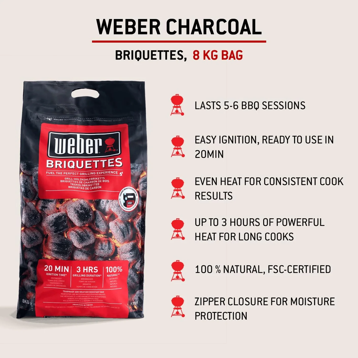 Weber Brykiet do Grilla (Worek 8kg), do Długiego i Stabilnego Żaru, Idealny do Długiego Grillowania Mięsa, 100% Naturalne Drewno, Produkt UE, Zrównoważony Odbiór, Certyfikat FSC (17591)