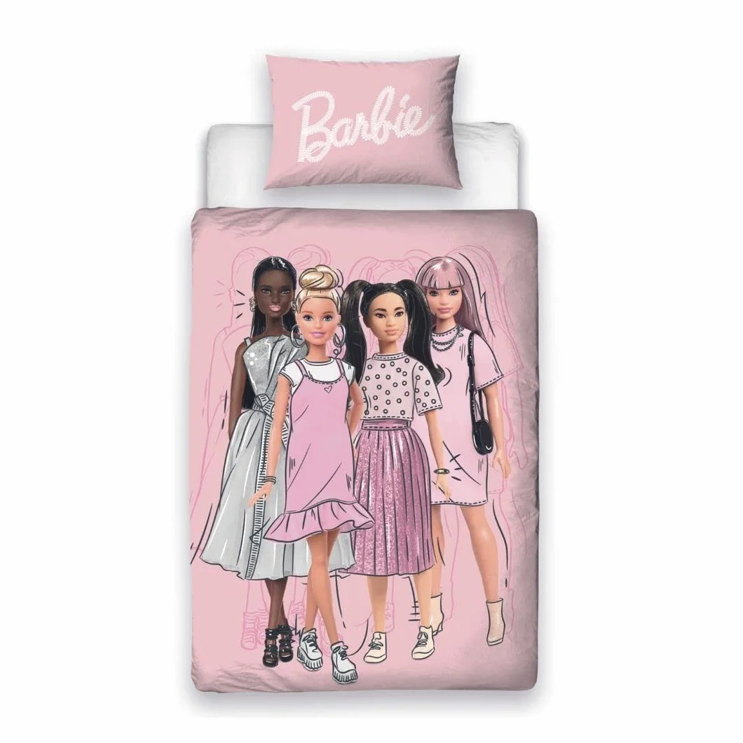 Character World Barbie oficjalny zestaw poszewek na kołdrę dla pojedynczych dzieci | wzór figurek dwustronna, 2-stronna pościel z dopasowaną poszewką na poduszkę, różowy zestaw na pojedyncze łóżko,