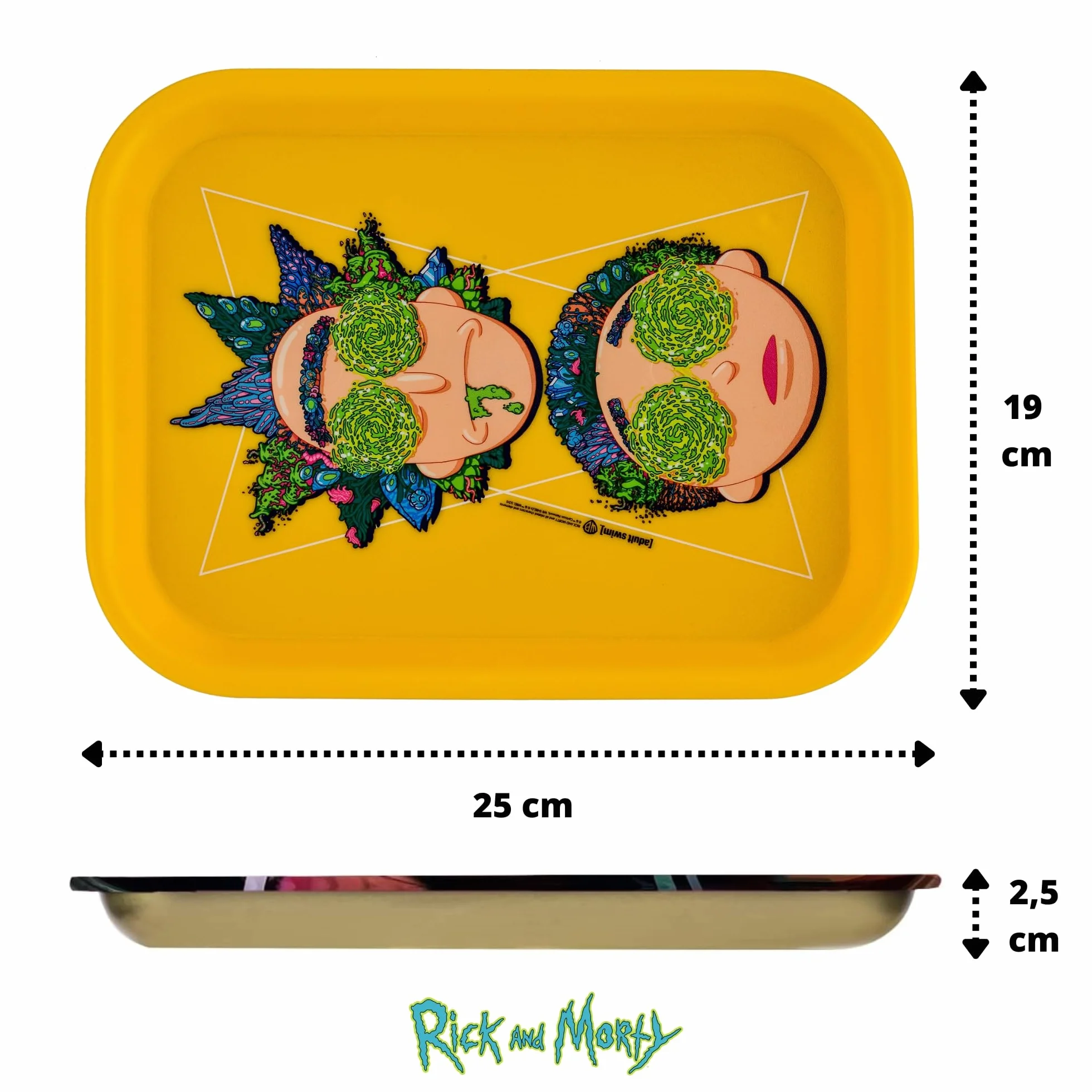 Oficjalna taca na kłębek Ricka i Morty 19 x 25 cm - Artykuły dla palaczy - Akcesoria do papierosów - Plastik do recyklingu - oryginalny prezent. (Rick and Morty Yellow)