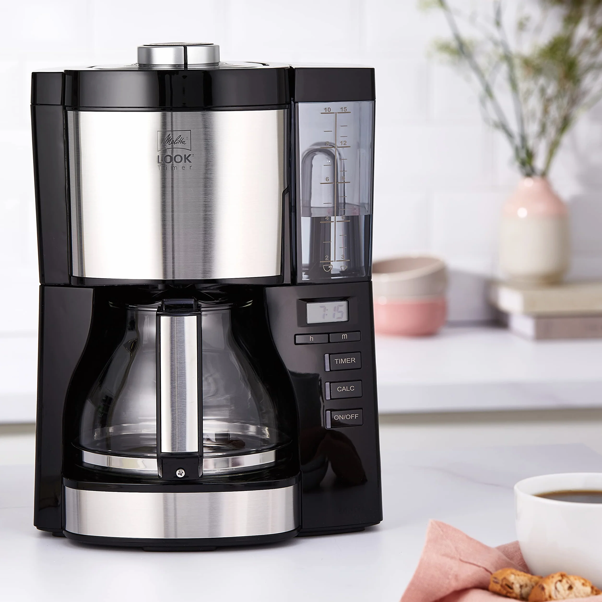Melitta Look Timer – przelewowy ekspres do kawy – ze szklanym dzbankiem – funkcja timera – zatrzymanie kapania – 10 filiżanek – czarny (1025-08)