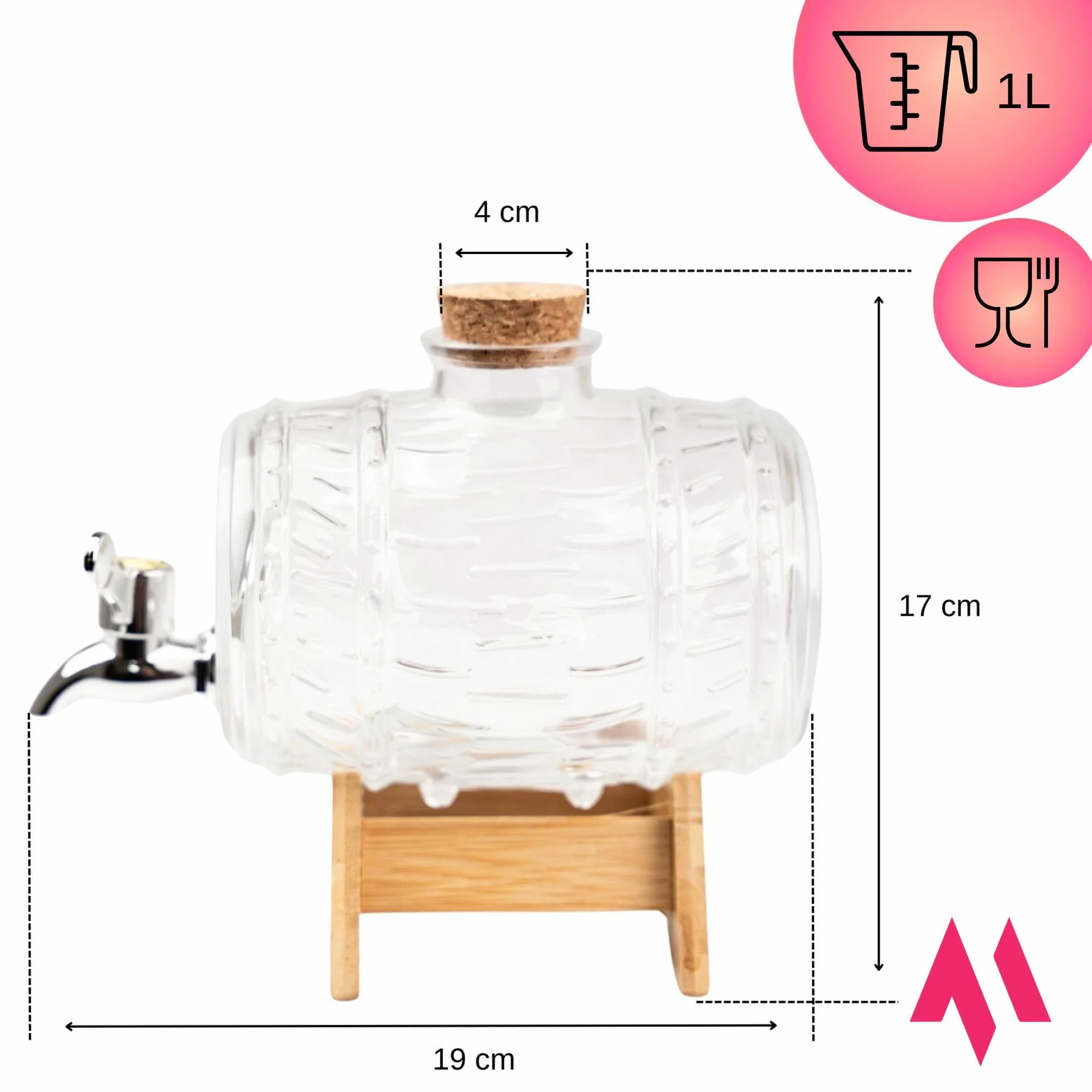 OMAGO® Szklana beczułka z kranikiem 1 L, dozownik napojów w kształcie beczki, karafka do whisky, brandy, wina, soków i lemoniady