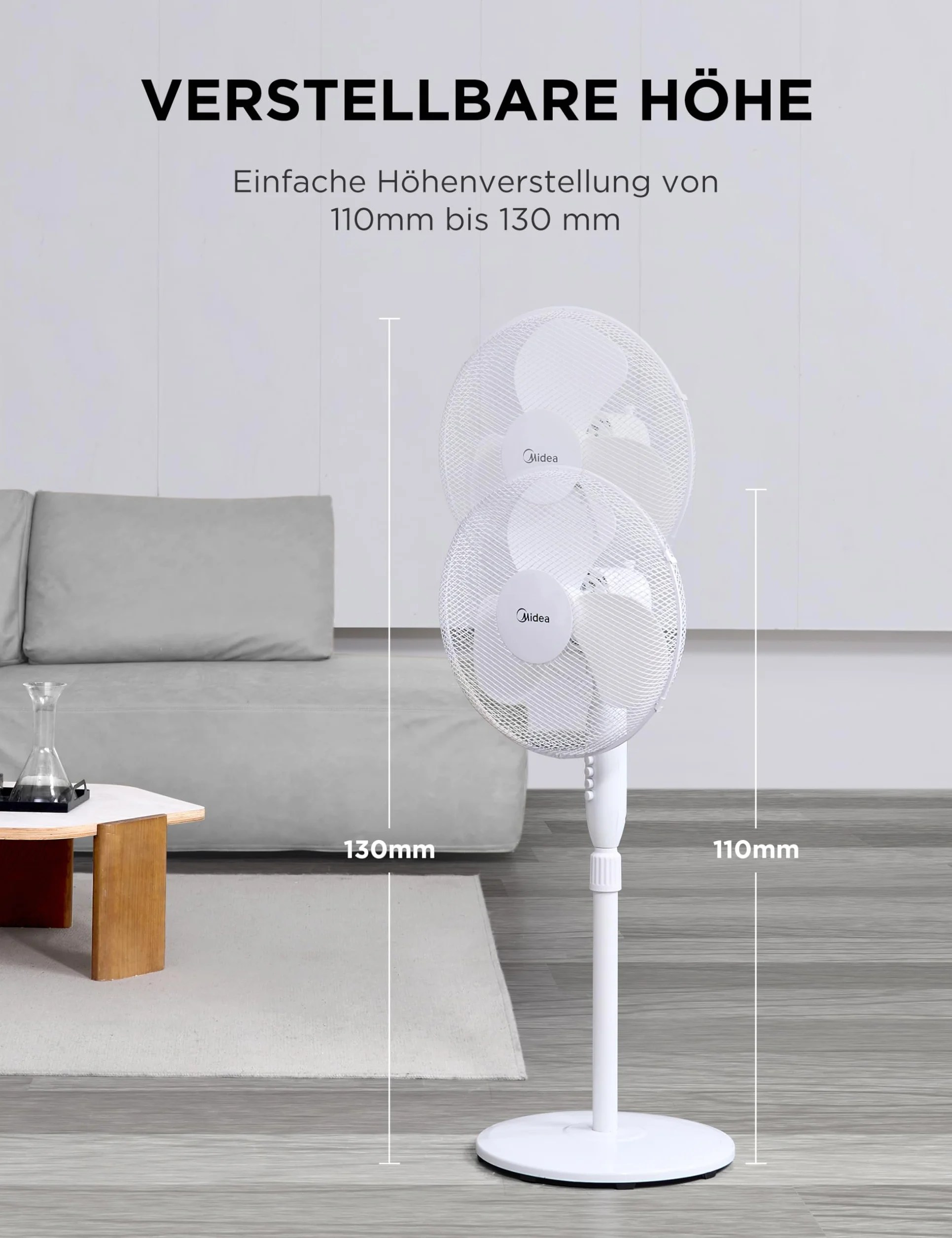 Midea FS40-16JA wentylator stojący, duża siła wiatru, duża objętość powietrza, moc 40 W, cicha praca 55 dB-65 dB, regulacja wysokości: do 130 mm, regulacja trzech prędkości