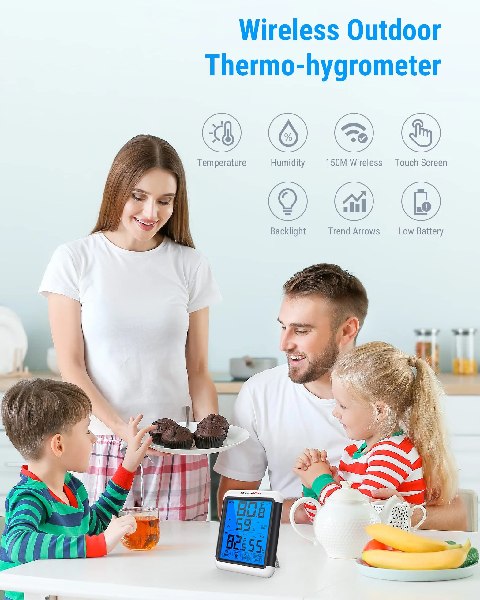 ThermoPro Termohigrometr bezprzewodowy TP65, termometr cyfrowy, higrometr, monitor klimatu, bezprzewodowa stacja pogodowa z bezprzewodowym czujnikiem zewnętrznym, maksymalny zasięg do 150m