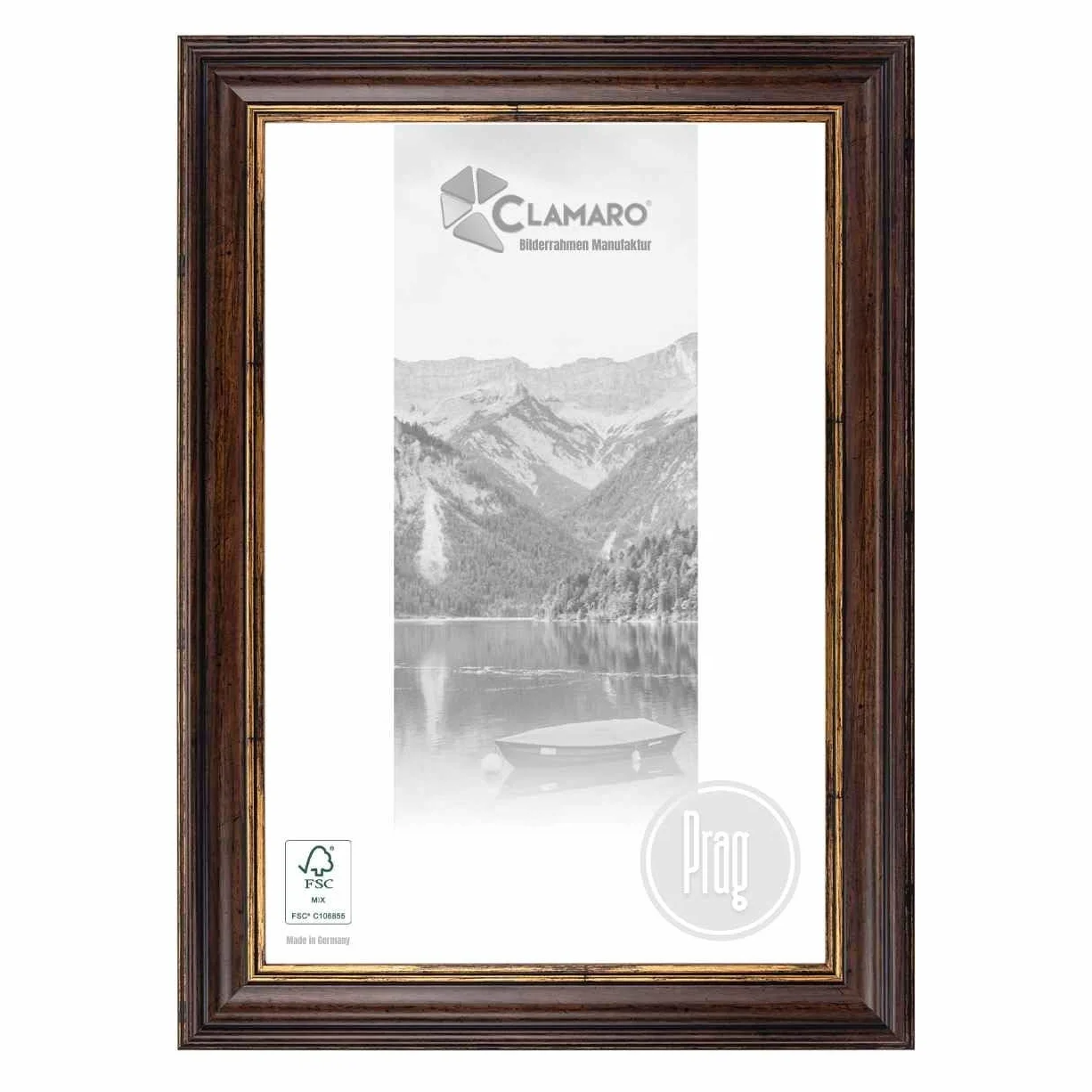CLAMARO "PRAG" ramka na zdjęcia w stylu antycznym 50 x 60 cm, lite drewno, brązowo-złota, szerokość 60 mm, shabby chic, vintage, barokowa listwa, drewniana rama ze szkłem akrylowym, tylną ścianką,