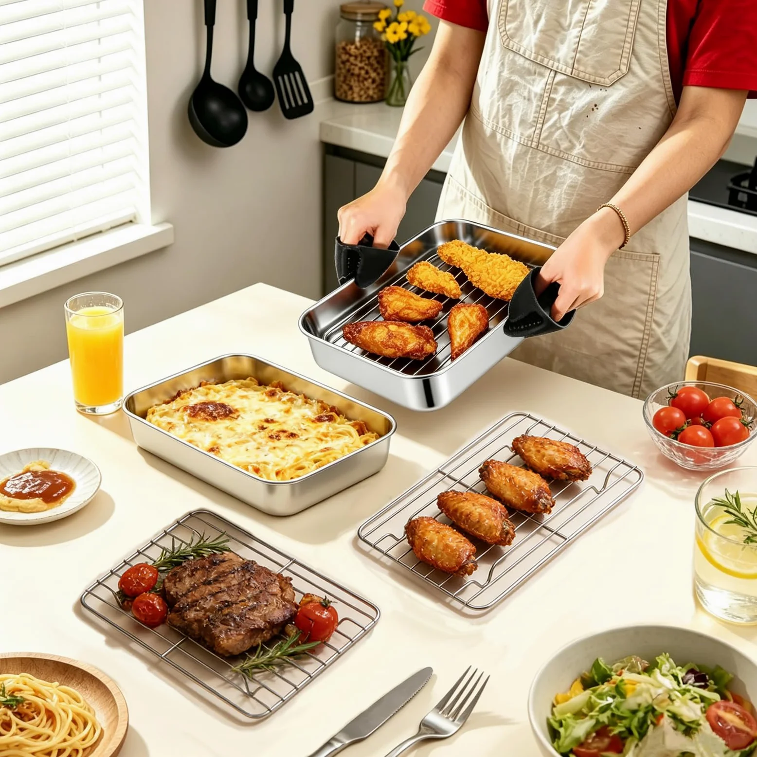 Naczynie do zapiekania ze stali nierdzewnej, 7-częściowy zestaw akcesoriów Airfryer, kompatybilne z Ninja AF400EU AF451EU AF500EU DZ400EU, 2 x naczynie do pieczenia ze stali nierdzewnej, 2 x ruszt do