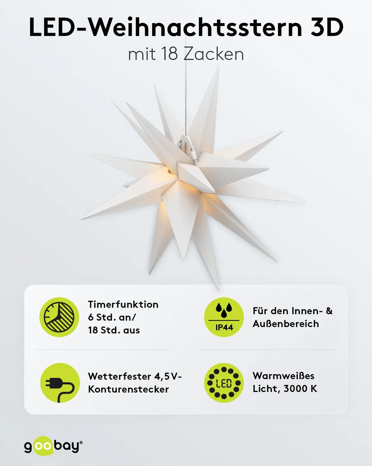 goobay 64789 Gwiazda bożonarodzeniowa LED 3D Ø 56 cm/gwiazda z 18 zębami i timerem/dekoracja bożonarodzeniowa/gwiazda LED zapewnia nastrojową atmosferę/transformator zewnętrzny 4,5 V/dekoracja