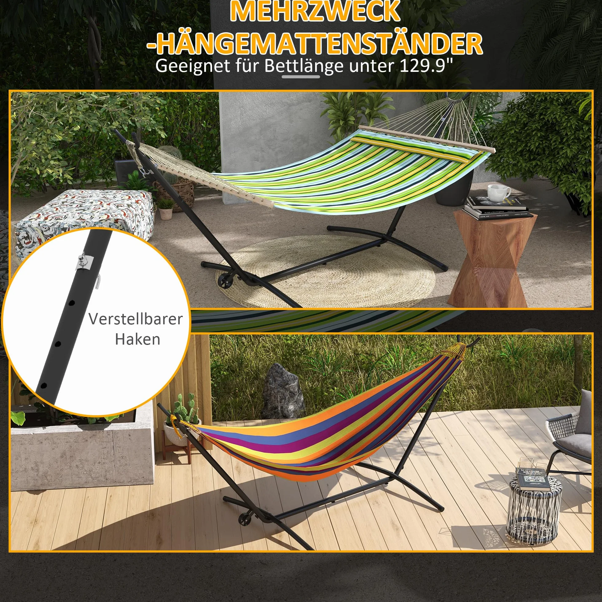 Outsunny Stelaż hamaka z kółkami, stojak do hamaka, z regulowanym haczykiem, torba do przenoszenia, obciążenie do 220 kg, stal, 290 x 120 x 115 cm
