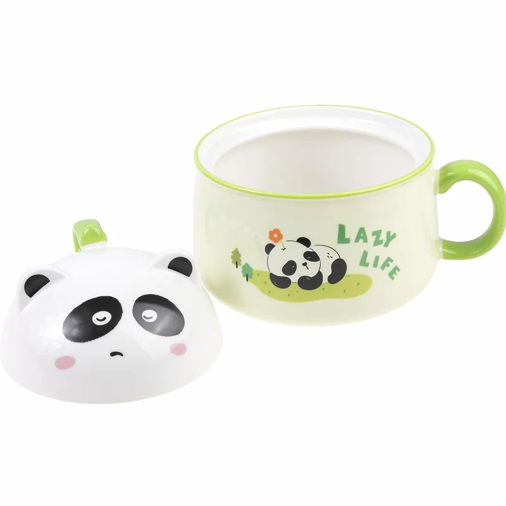 lachineuse - Azjatycka miska Ramen - Porcelana - Wzór Panda - 1020 ML - Z pokrywką i sztućcami - Miska śniadaniowa, Zupa, Ryż, Makaron Instant - Pomysł na prezent Azja Japonia Chiny - Zielony