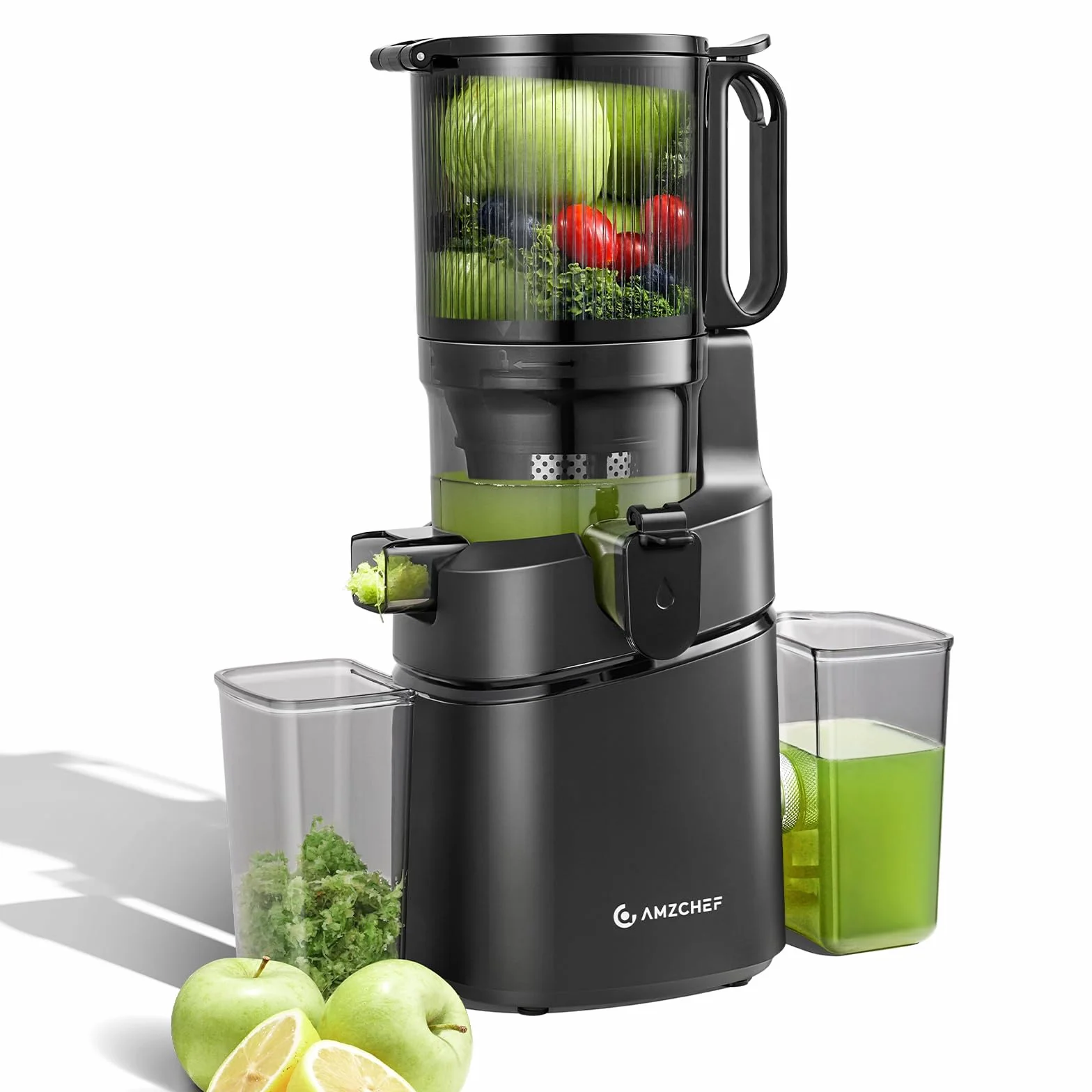 AMZCHEF 250 W automatyczna sokowirówka All-In-One, otwór 135 mm i 1,8 l sokowirówka do warzyw i owoców, zwycięzca testu z potrójnym filtrem, czarna