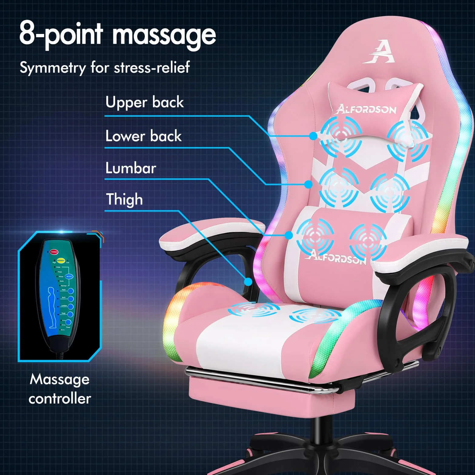 ALFORDSON Ergonomiczne krzesło do gier, krzesła do gier z podparciem lędźwiowym, zagłówek, krzesło do gier z regulacją wysokości, biurowe krzesło komputerowe dla dorosłych, dziewczynek i chłopców