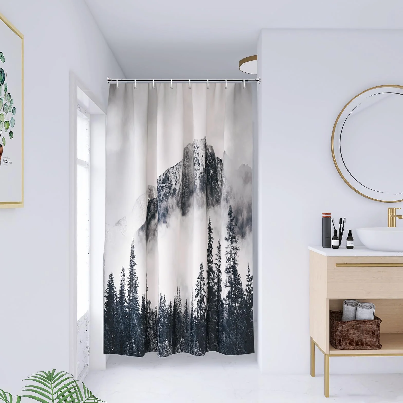 YISURE Wąska tekstylna zasłona prysznicowa na wannę, wodoszczelna, nadaje się do prania, z 8 metalowymi oczkami, 120 x 200 cm (szer. x wys.), naturalny krajobraz chmur, lasu, góry