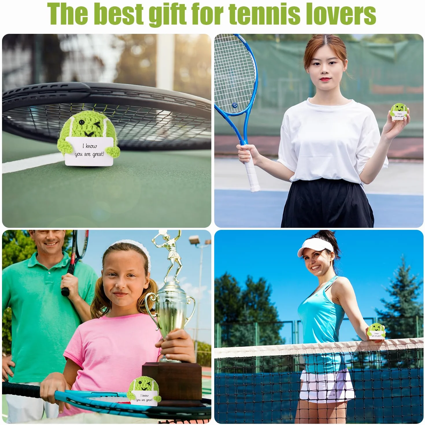 Zabawny Pozytywny Tenis, Mini Szydelkowa Zabawka Tenisowa Lalka z Karta Zachety Wsparcie Emocjonalne Szydelkowane Prezenty Sportowe Prezenty na Przyjecia Tenisowe dla Milosnika Sportu