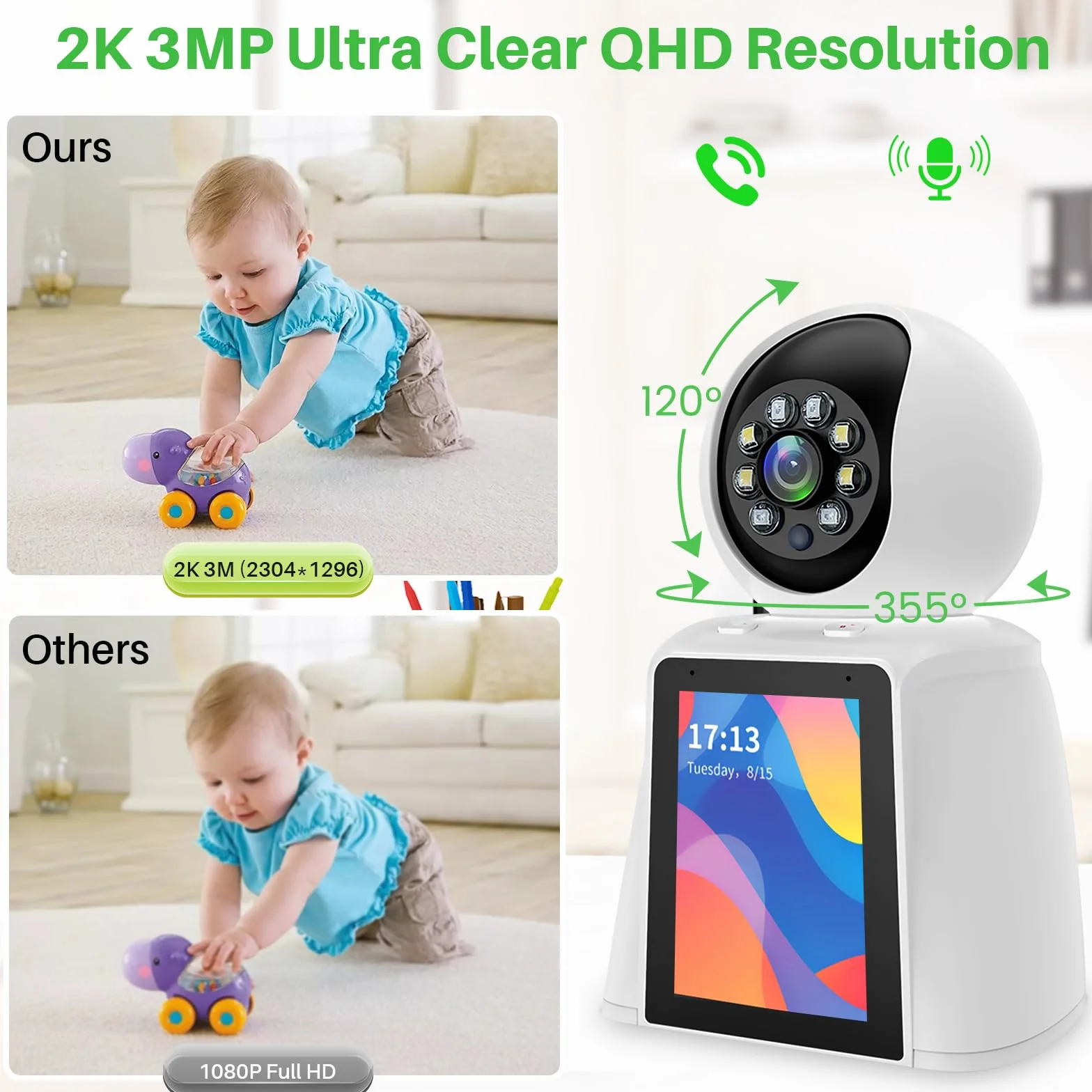 Kamera bezpieczeństwa wewnętrzna, 2,4 G Hz kamera dla zwierząt domowych WiFi kamery monitorujące, domowa niania kamera bezpieczeństwa 360°, noktowizor, 2-drożny dźwięk, połączenie jednym