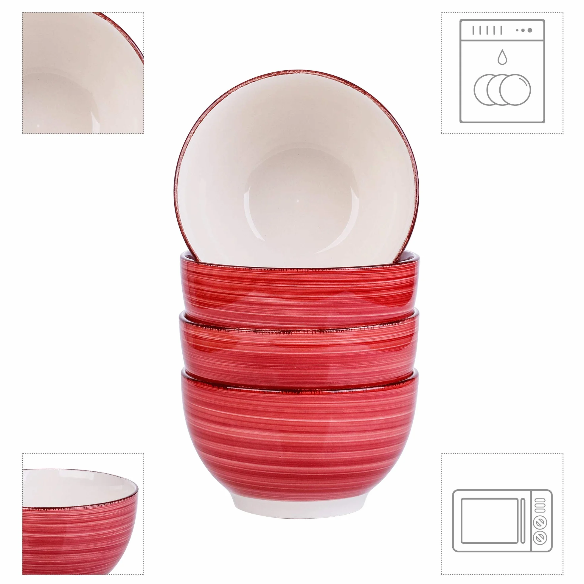 vancasso Bella Ręcznie malowana miska w stylu rustykalnym o średnicy 14 cm i pojemności 750 ml, duża miska na płatki śniadaniowe, ramen, zupę, owoce, makaron, w stylu rustykalnym, czerwona, zestaw 4 szt.