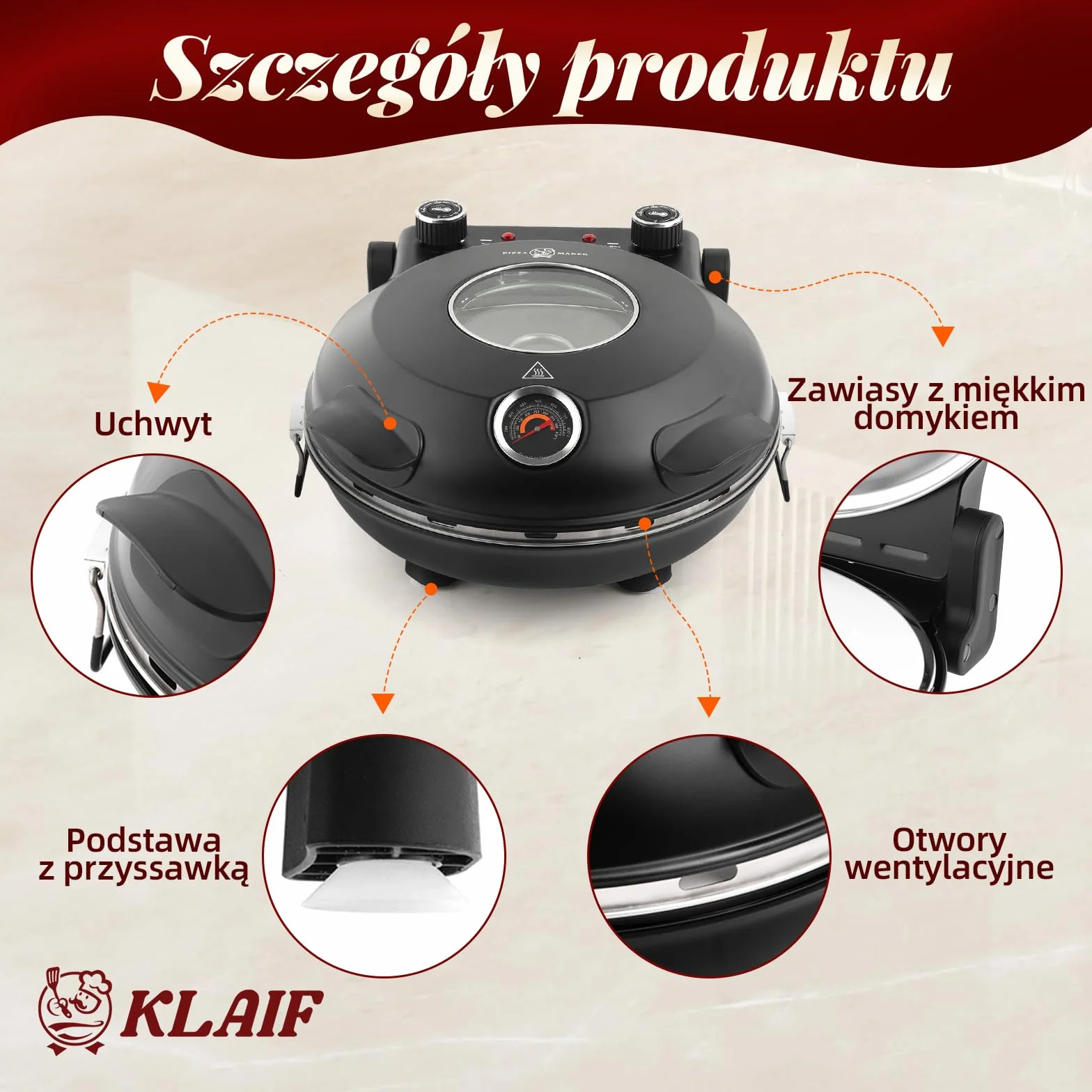 KLAIF Piec elektryczny do pizzy do blatu roboczego z kamieniem ceramicznym 31 cm, dwiema regulowanymi regulatorami temperatury, w zestawie 4 narzędzia do pizzy, LMR-czarny
