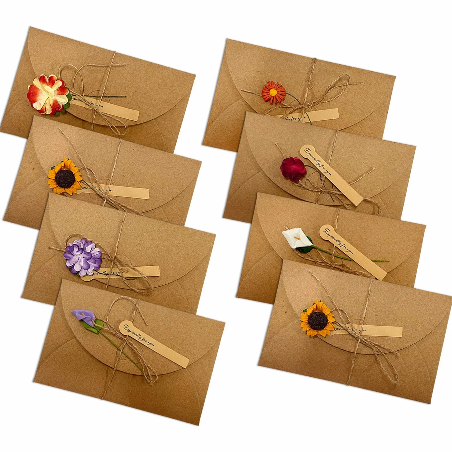 8 różnych stylów kartek z życzeniami z suszonymi kwiatami, koperty na karty, kreatywne dekoracyjne kartki z życzeniami w stylu retro DIY na Boże Narodzenie, zaproszenia i wiele innych.