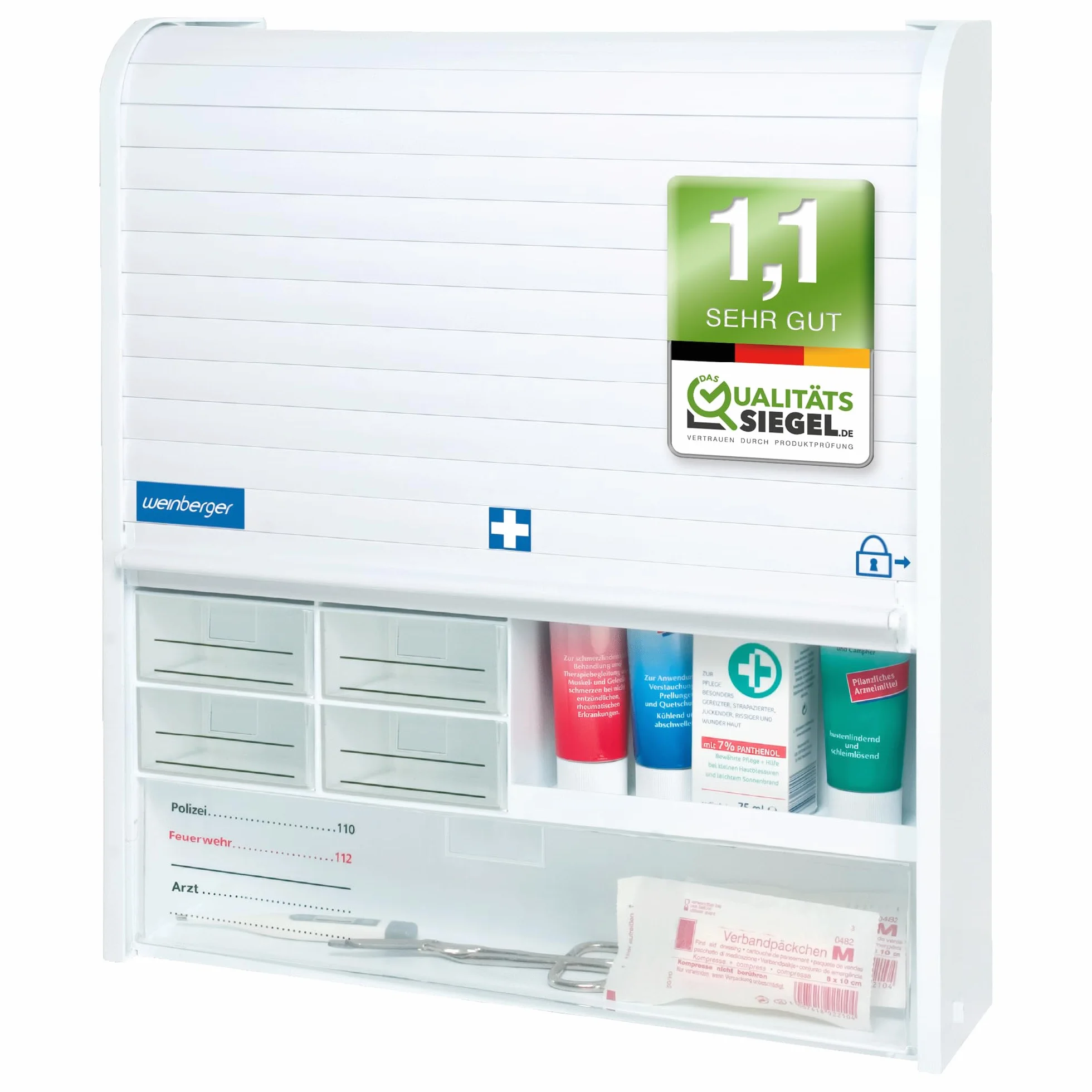 WEINBERGER Jalousie Medizinschrank mit Kindersicherung für Hausapotheke mit 14 Schubfächern, Kunststoff Weiss, Medikamentenschrank, Arzneischrank, 48 x 42 x 10 cm HxBxT, Modell: 06806