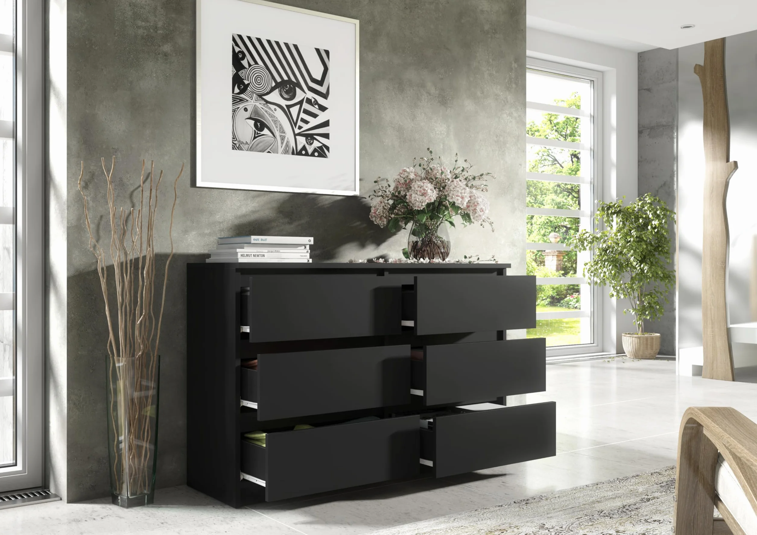 meble masztalerz Komoda Czarna Mat z 6 szufladami - 120x78,5x39 cm - Komoda do salonu, sypialni - Szafka z szufladami - Komoda z szufladami - 120 cm