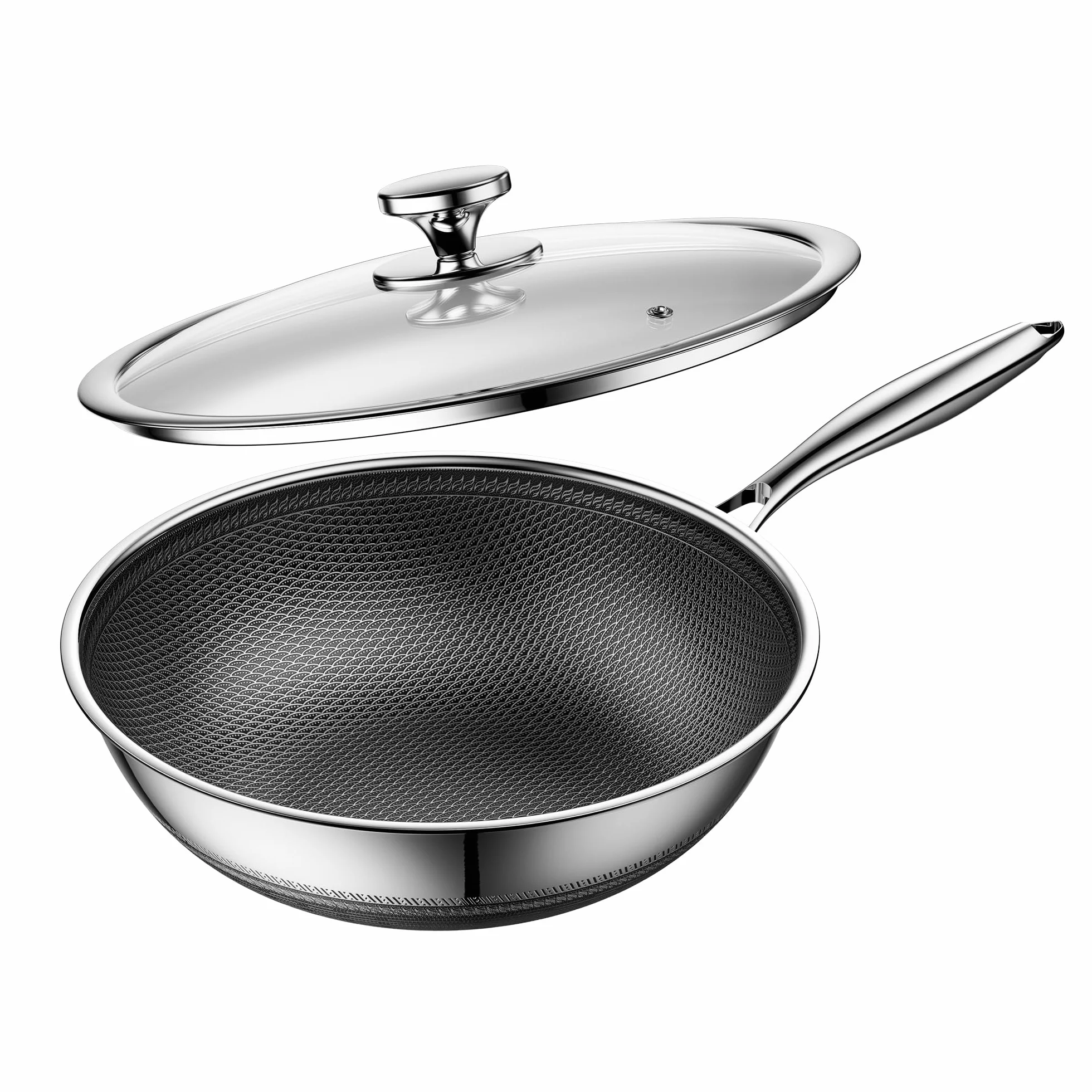 Wok nieprzywierający z pokrywką 30 cm, hybrydowy wok ze stali nierdzewnej, patelnia, uchwyt utrzymujący chłód, zmywarka, PFAS PFOA i PTFE, nadaje się do piekarnika do 260°C, nadaje się do