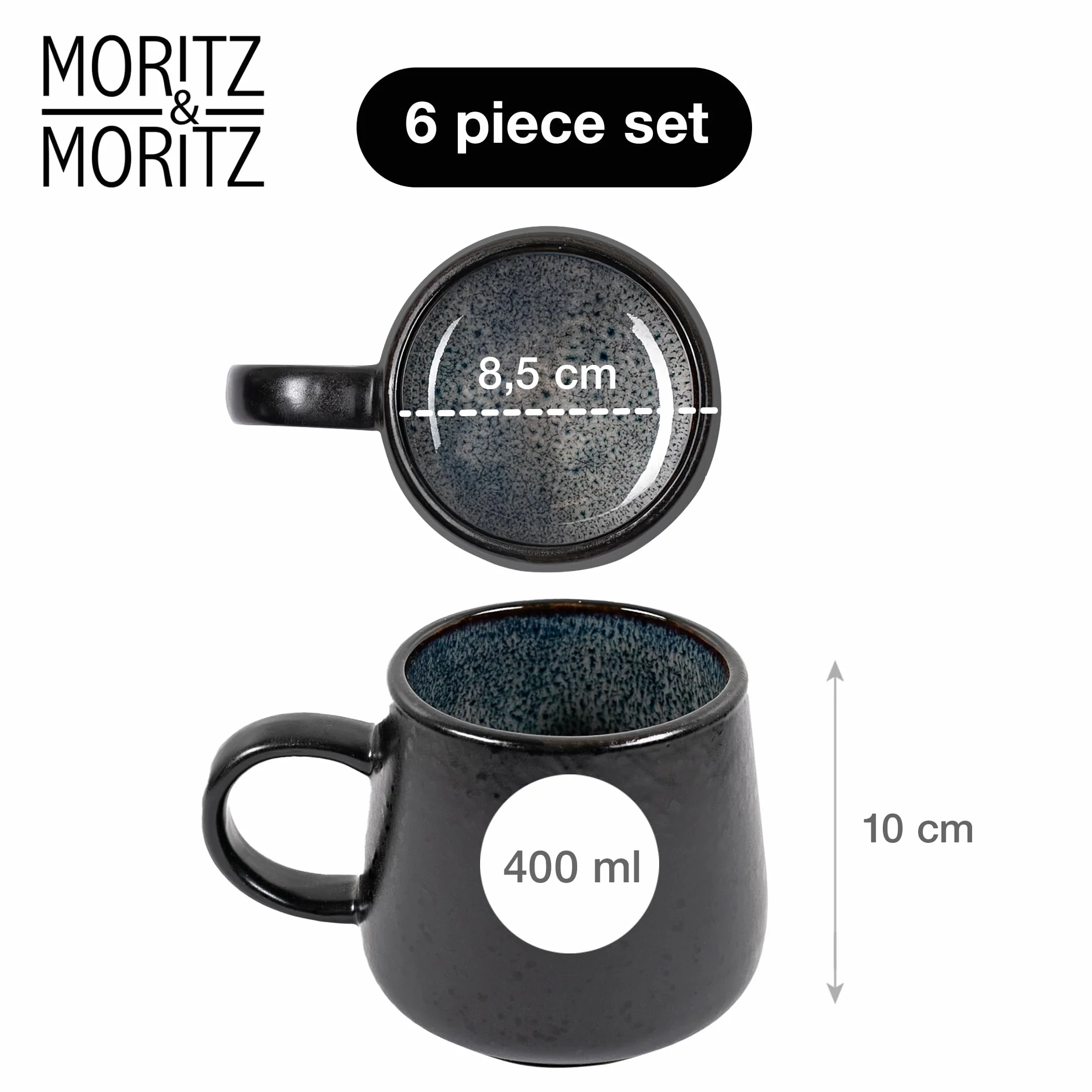 Moritz & Moritz SOLID zestaw 6 filiżanek czarno-szarych – zestaw kubków do kawy z wytrzymałej kamionki – pojemność 400 ml – nadają się do mycia w zmywarce i używania w kuchence mikrofalowej – idealne