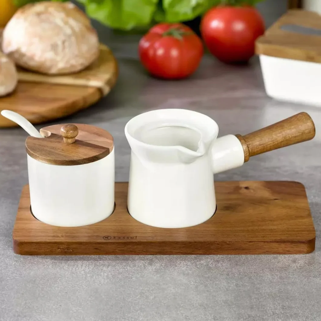 Kassel Cukiernica i dzbanek na mleko, porcelana/drewno akacjowe, biały, jeden rozmiar
