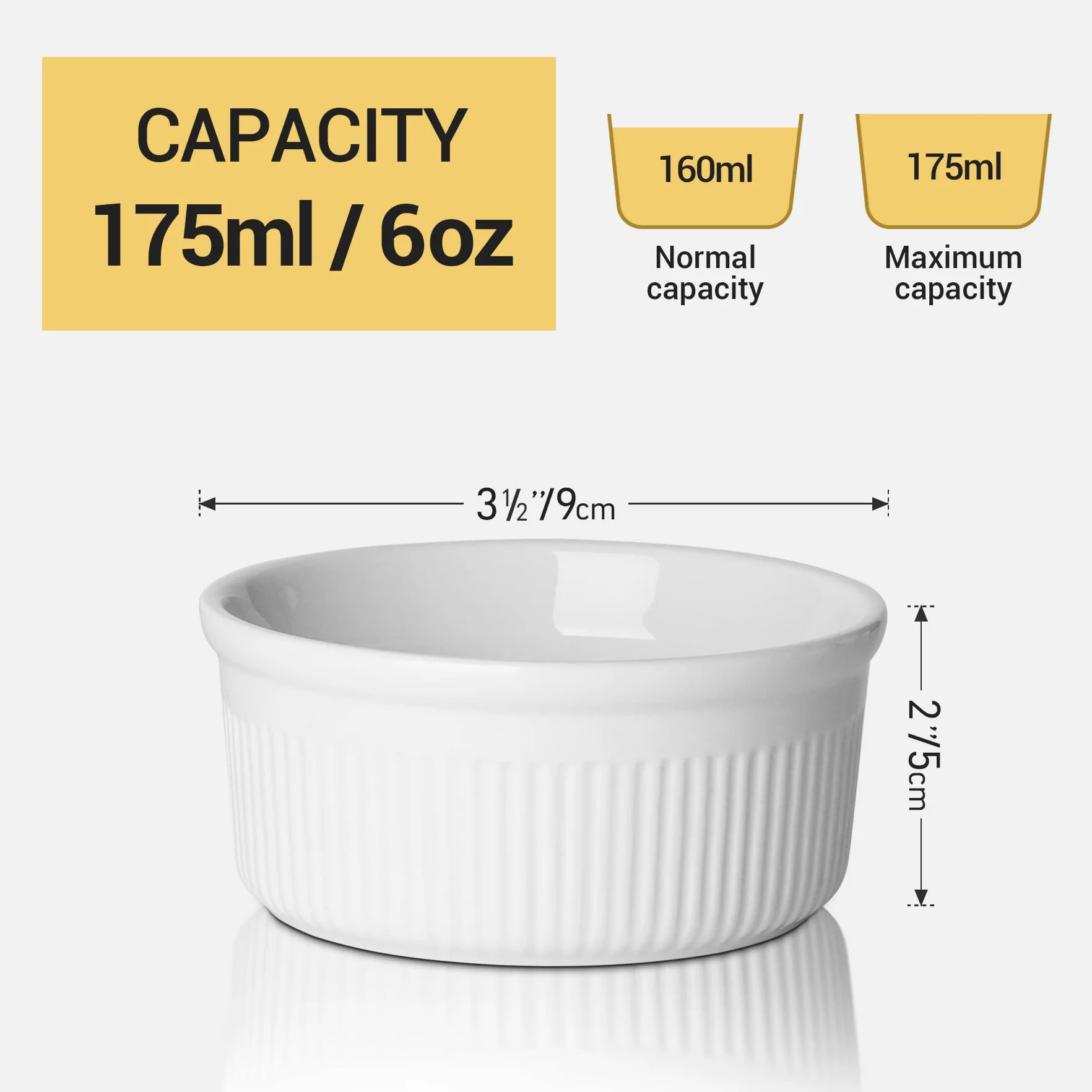 ComSaf 9 cm biała porcelanowa ramekins zestaw 6 filiżanek do pieczenia 175 ml do sufletu, creme brulee, kremów, budyni, puddingu i lodów - trwałe 170 ml