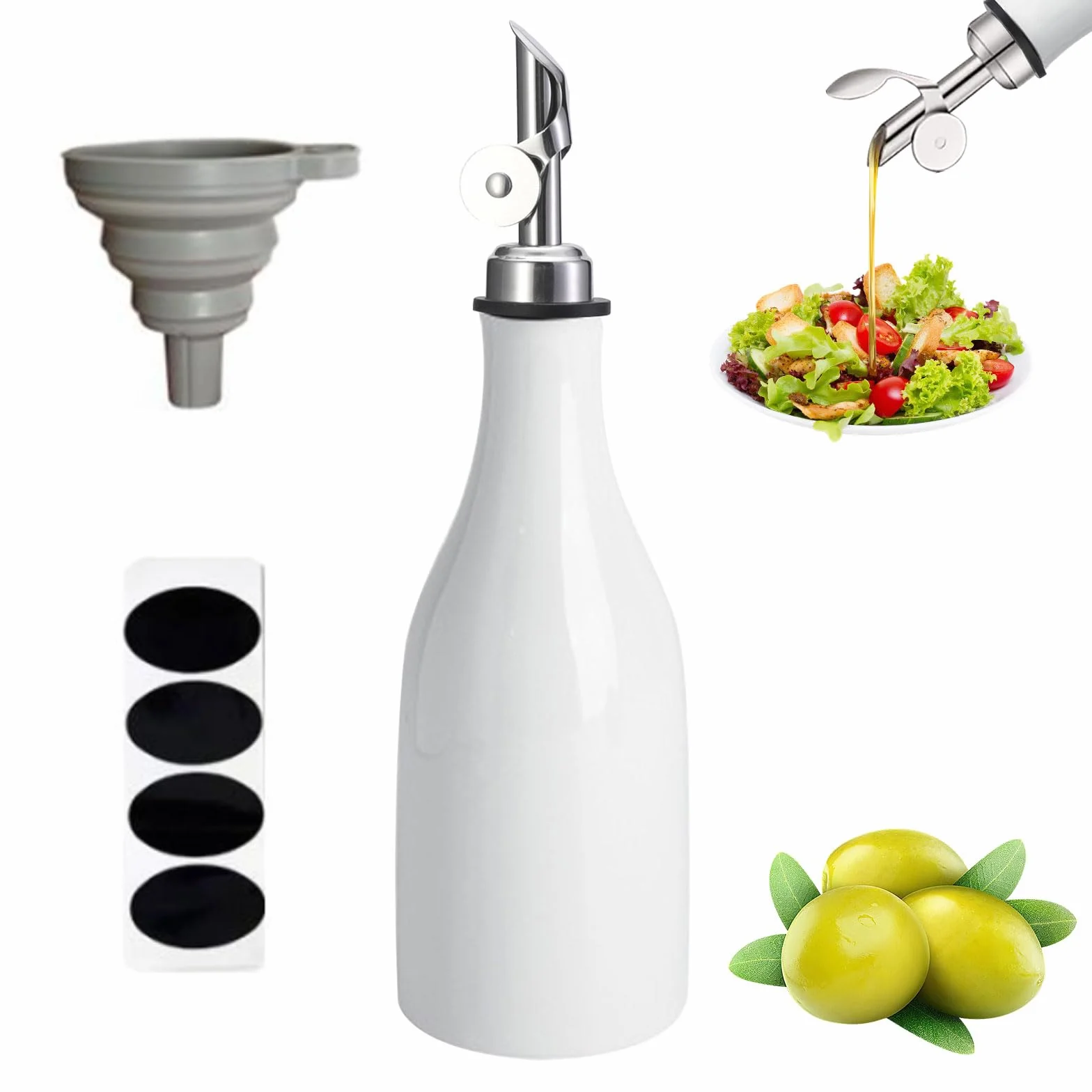 300 ml ceramiczna butelka na oliwę z oliwek, dozownik oliwy z oliwek, butelka na olej i ocet, zestaw z etykietką, lejek do przechowywania oleju, octu (biała)