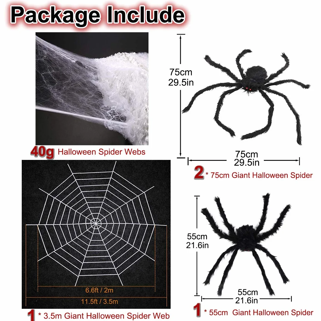 Ogromna dekoracja pająka na Halloween, 3,5 m + trzy gigantyczne pająki + 40 g rozciągliwa kolba sieciowa do dekoracji halloweenowych wewnątrz i na zewnątrz