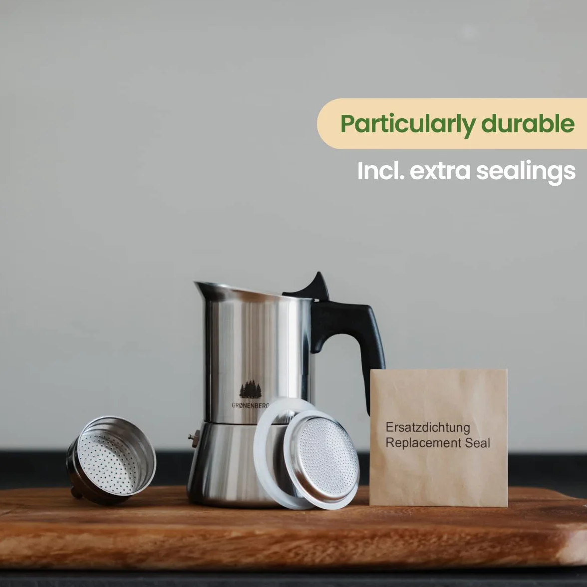 Groenenberg Ekspres do espresso indukcyjny + sitko redukcyjne I dzbanek do mokki ze stali nierdzewnej 4 lub 6 filiżanek espresso I Dzbanek do espresso z uszczelką zapasową