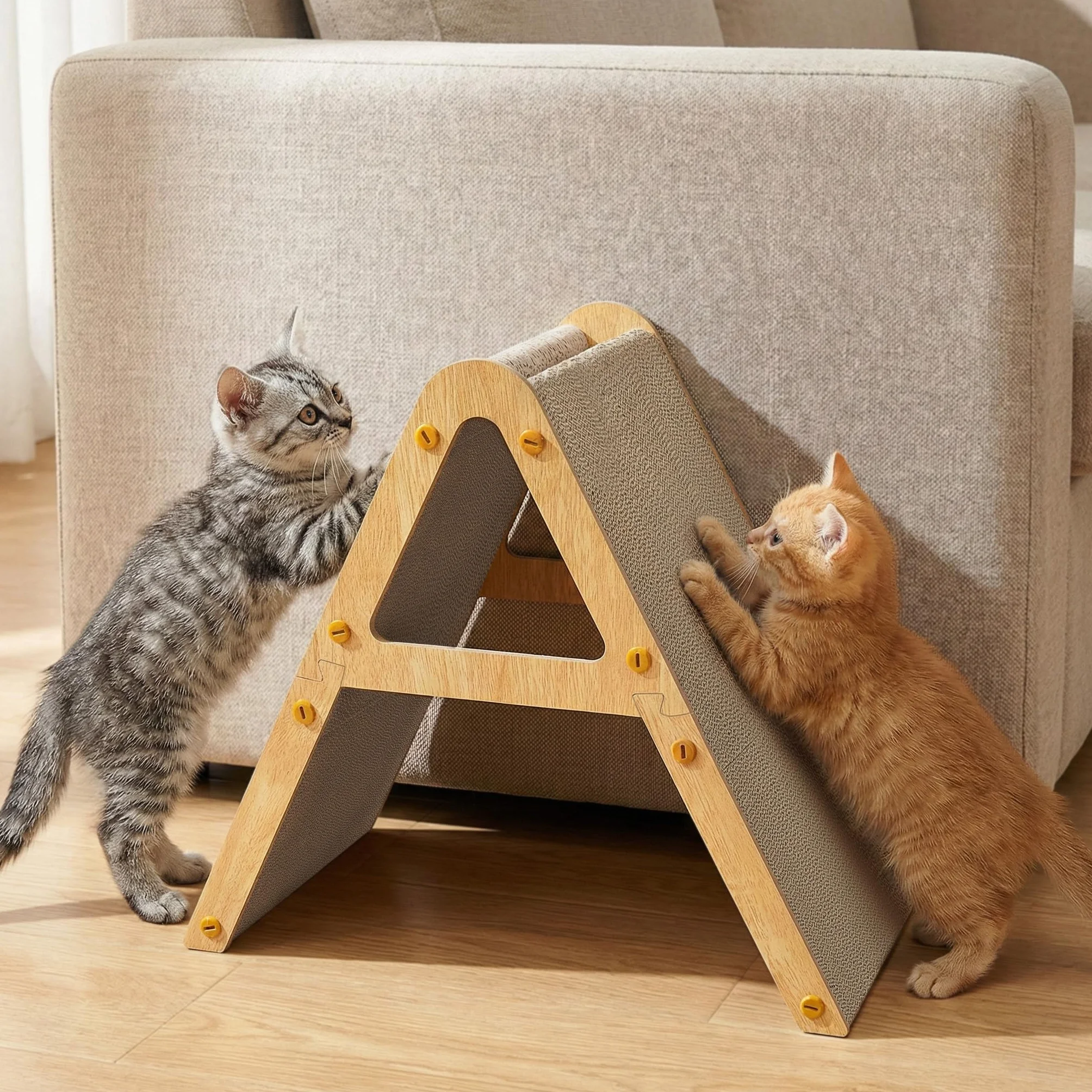 Conlun A-Frame Cat Scratching Board 2w1 Vertical Horizontal Cardboard Scratcher with Wooden Stand for Furniture Protection