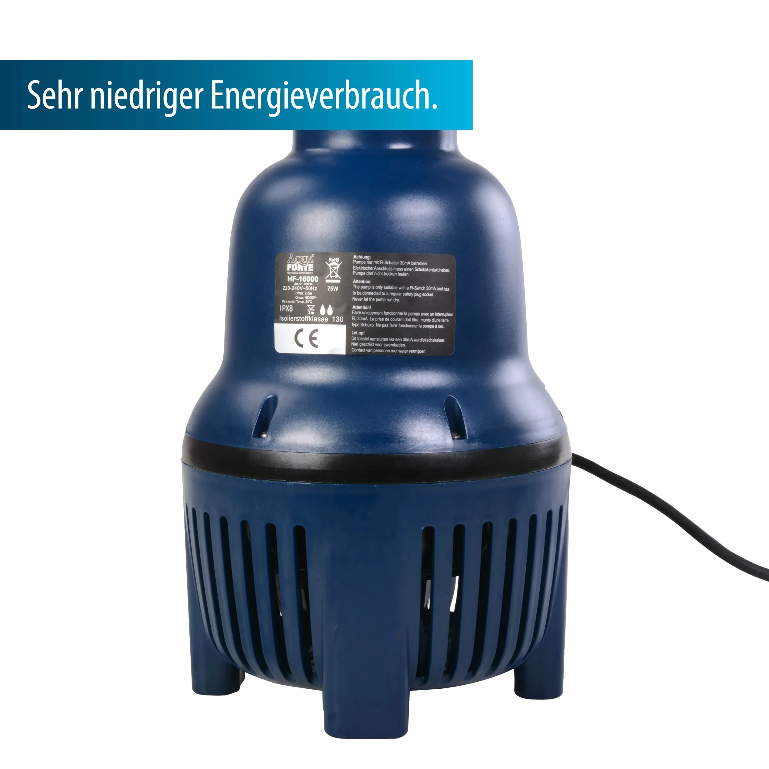 AquaForte HighFlow HF pompa do stawu 16 000, 75 W, maksymalny przepływ 16 m3 na godzinę, wysokość tłoczenia 2 metry, wyjście 75 mm, ekstra duży przepływ, nadaje się do stawów koi i hodowli ryb