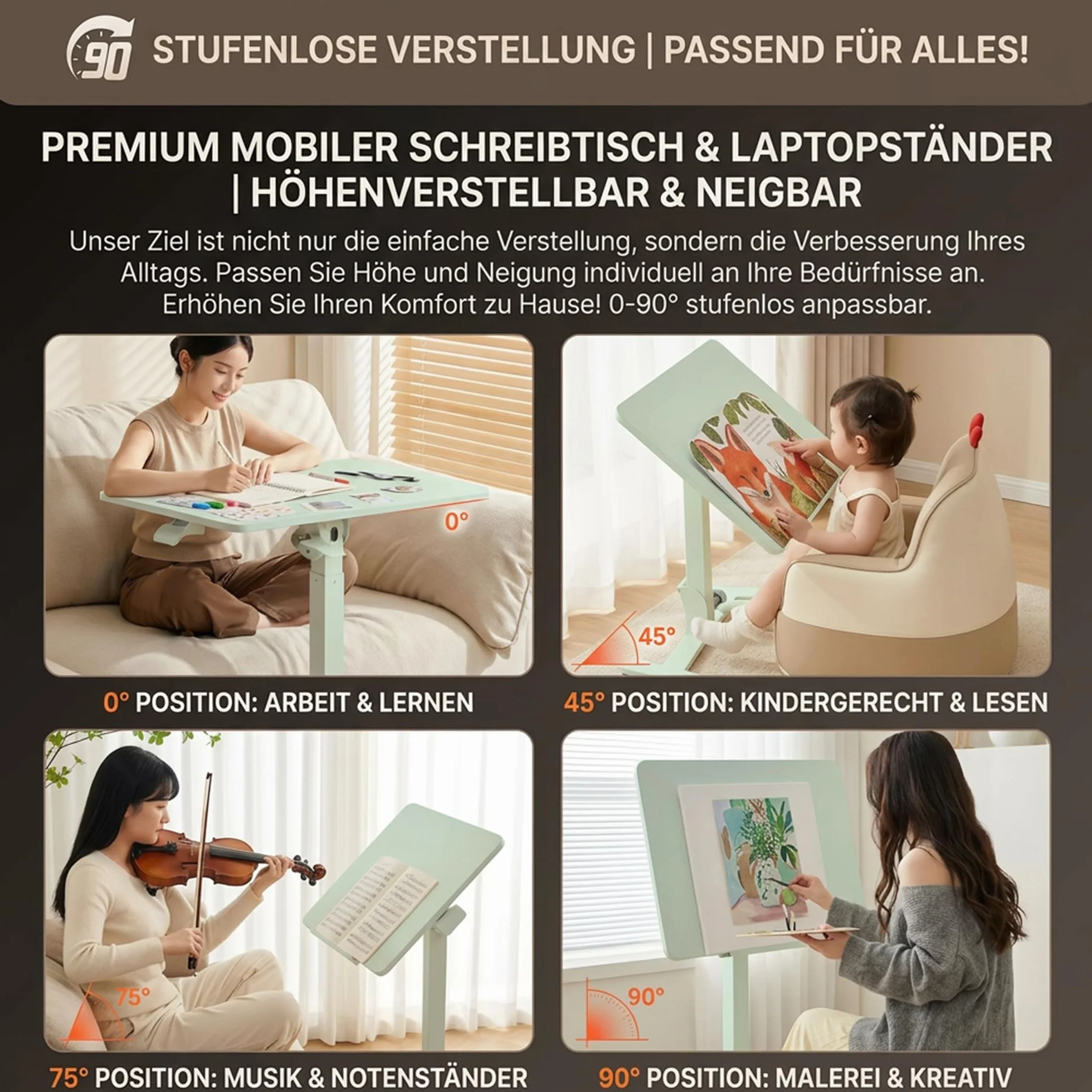 MUSSO AnyDesk D7 Przenośny stolik do łóżka, mobilne biurko z regulacją wysokości (75-108 cm), składany stojak 0-90°, ergonomiczny uchwyt do pracy, sofy i łóżka (zielony, 1 sztuka)