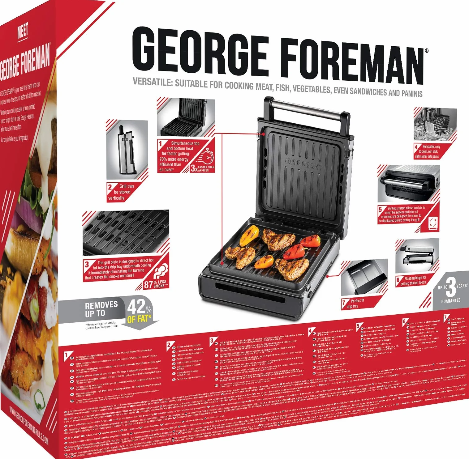 George Foreman grill elektryczny, bezdymny, kontaktowy, redukujący ilość tłuszczu, redukuje ilość dymu, płyta nieprzywierająca, moc 1500W, stalowy, srebrny, 28000-56
