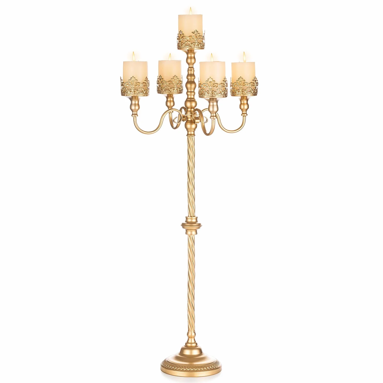 Sziqiqi Candelabra 102 cm 5-ramienny złoty metalowy świecznik do dekoracji ślubnych – stojaki na świece podłogowe na świece filarowe, antyczne elementy centralne, stojak na kwiaty na wydarzenia,