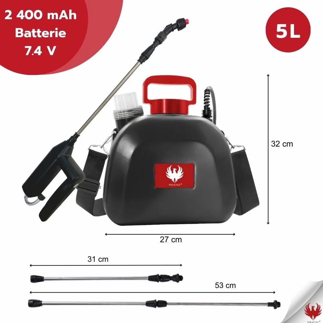 Phoenix - Elektryczny opryskiwacz 5 l Easy Spray - Opryskiwacz ogrodowy z akumulatorem o pojemności 3 godzin, z potrójnymi dyszami (stożek, wachlarz, strumień prysznicowy), lekki, wytrzymały,