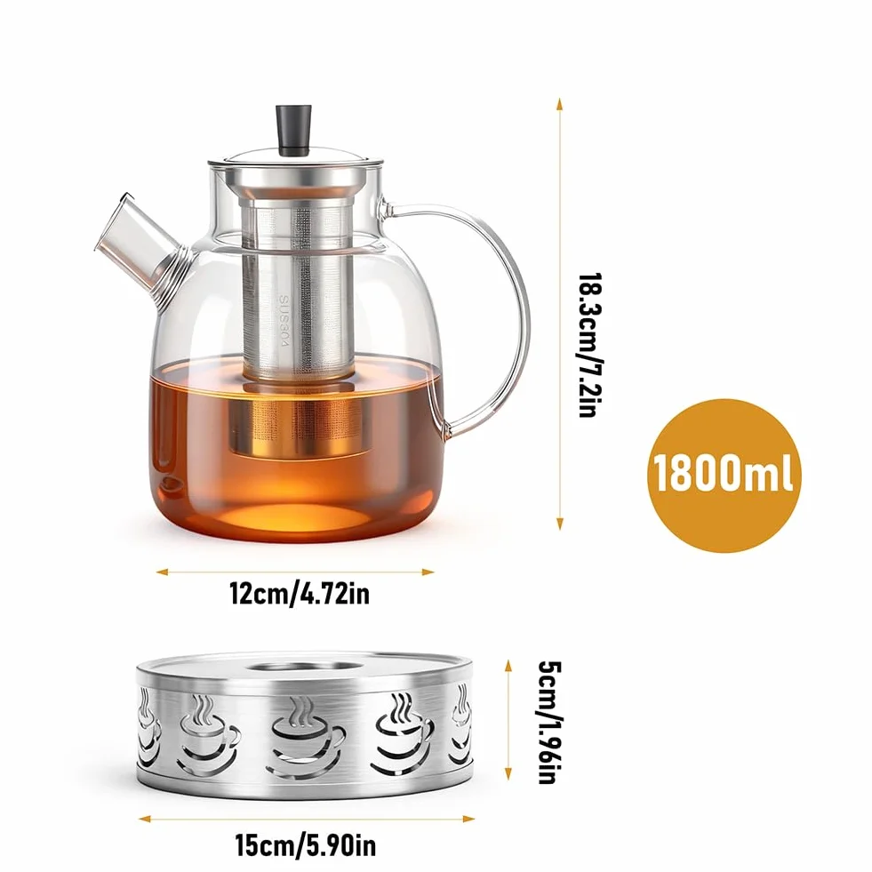 Dzbanek do herbaty szklany z podgrzewaczem, 1,8 l, dzbanek do herbaty z podgrzewaczem, dzbanek na herbatę z sitkiem, szklany dzbanek do herbaty z podgrzewaczem i podgrzewacz do herbaty ze