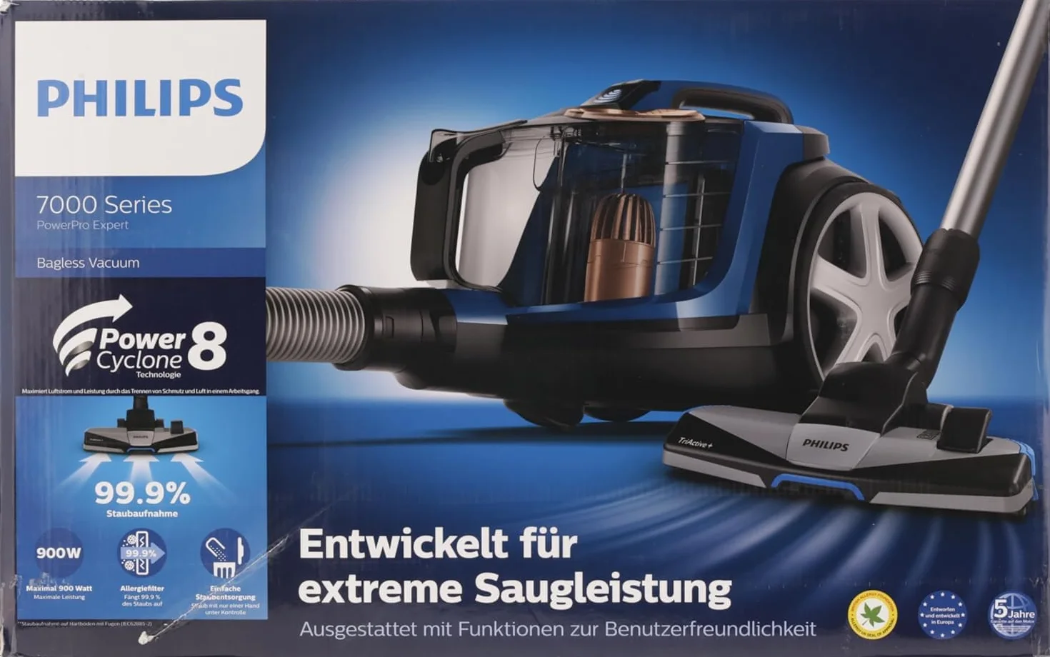 Philips PowerPro Bezworkowy Odkurzacz, Tworzywo Sztuczne, 900 W, 2 L, Blokada Antyalergiczna, Technologia PowerCyclone 8, Szczotka SuperTurbo, Kontrola Mocy, Niebieski/Czarny (FC9745/09)