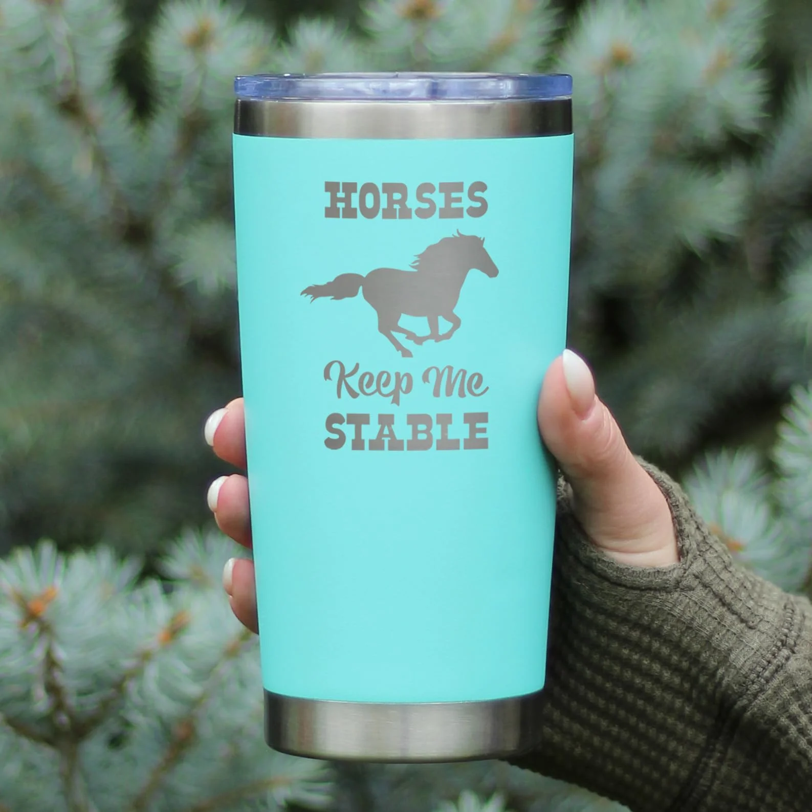 Bevvee Horses Keep Me Stable - Izolowany kubek do kawy z przesuwaną pokrywką - Kubek izolowany ze stali nierdzewnej - Prezenty do kawy z motywem konia - Turkusowy