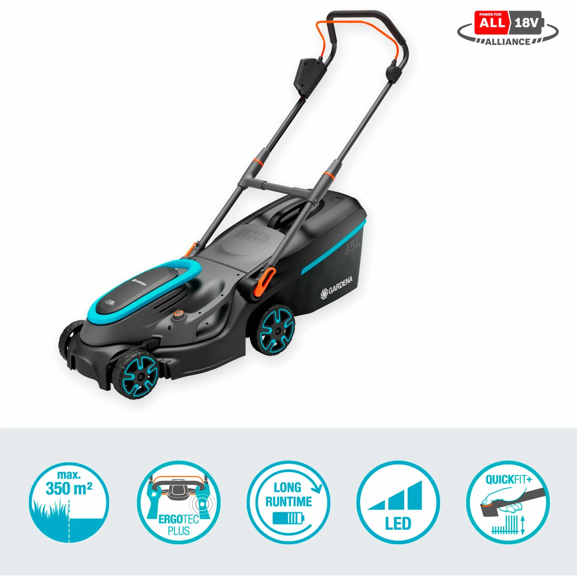 Gardena kosiarka akumulatorowa PowerMax 37/36V P4A gotowy zestaw: Kosiarka do 350 m², szer. cięcia 37 cm, obj. 45 l, centr. regul. wys. cięcia, silnik PowerPlus z trybem Eco (14638-20)