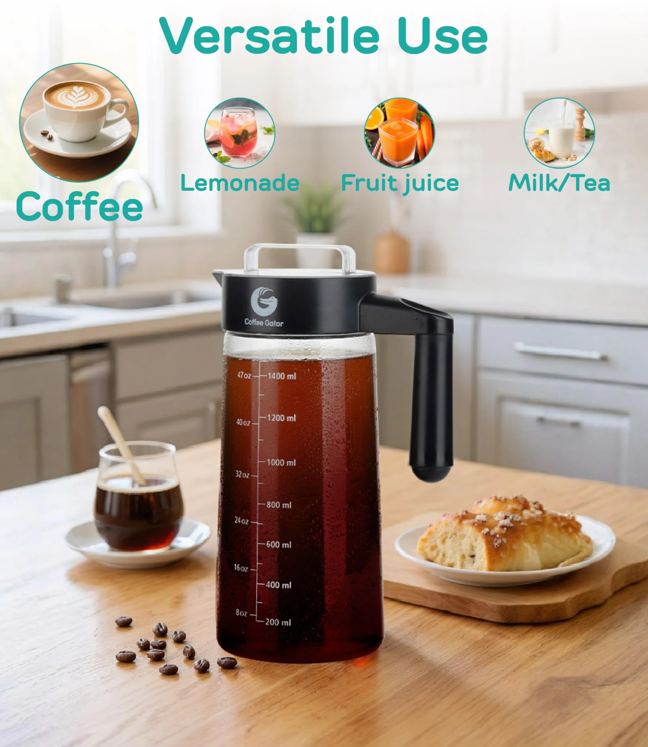 Coffee Gator Ekspres do kawy Cold Brew, filtr bez BPA i szklana karafka, zestaw do parzenia z miarką ze stali nierdzewnej i składanym lejkiem załadunkowym, czarny, 1,4 l