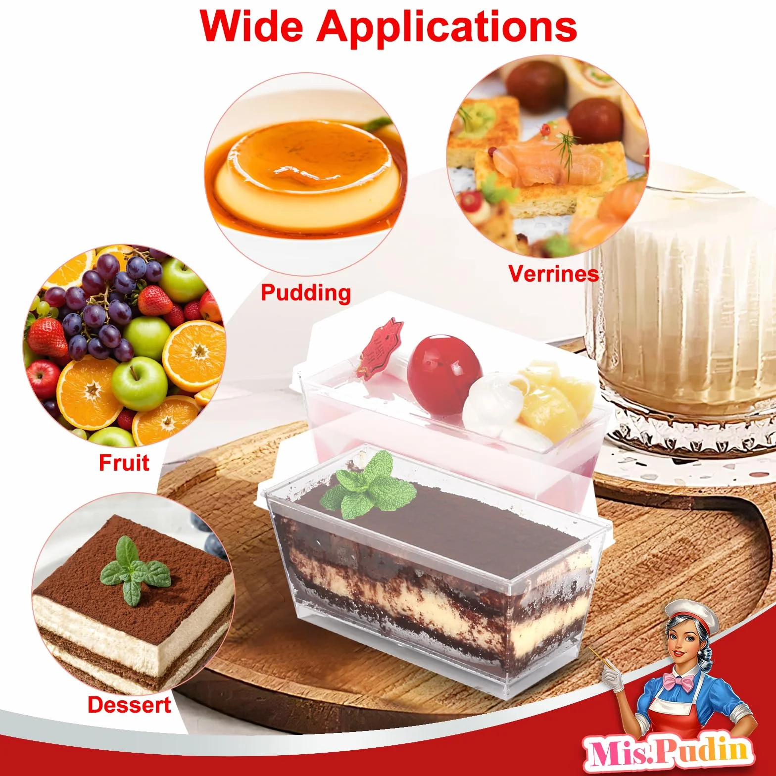 50 sztuk mini kubeczków deserowych, 160 ml prostokątne szklanki deserowe z pokrywką i łyżeczką, szklanki deserowe plastikowe wielokrotnego użytku, puddingów, musów, na przyjęcia