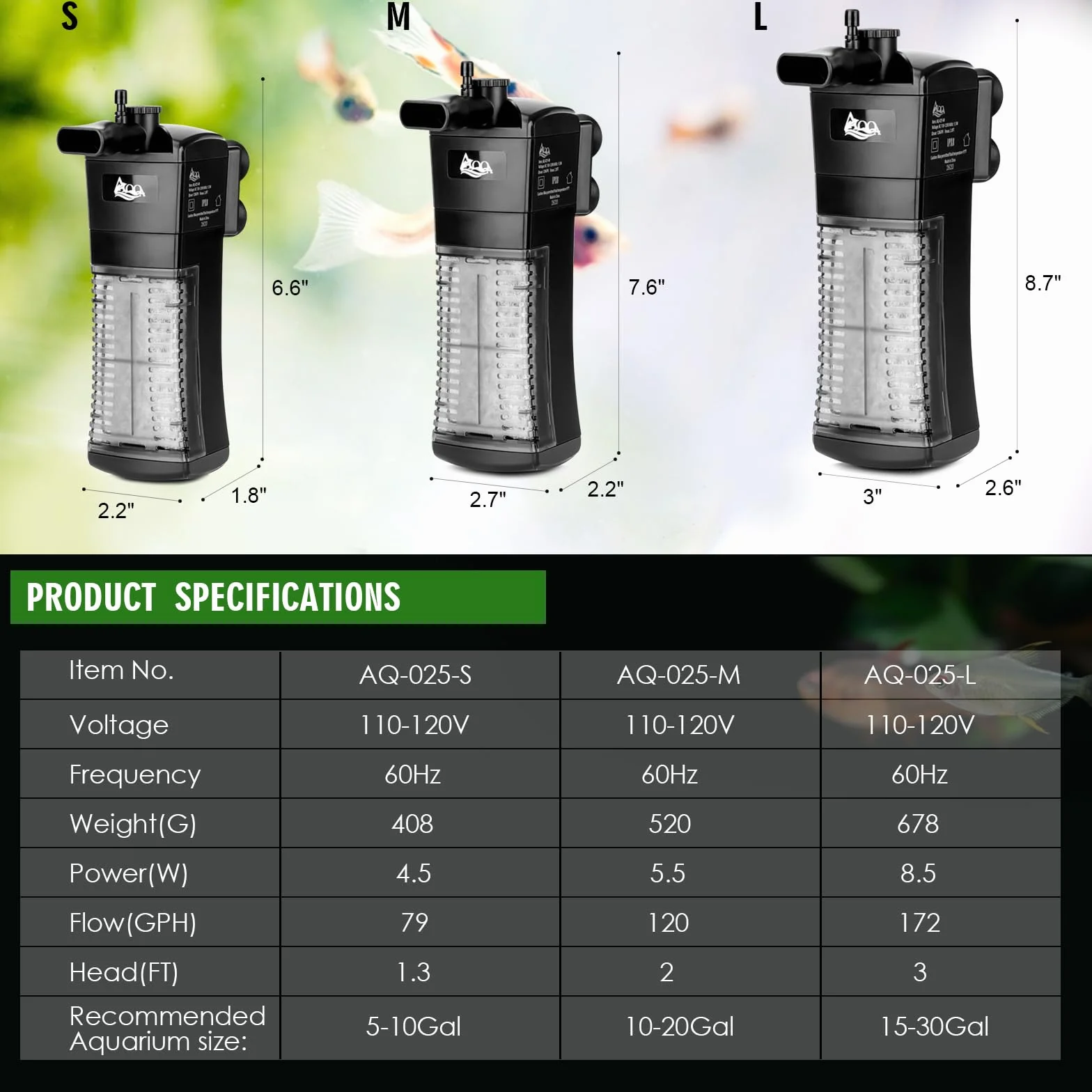 AQQA Filtr do akwarium, Regulowany filtr wewnętrzny do akwarium, Cichy 5.5W filtr gąbkowy do akwarium z pompą wodną 400L/H, Pompa akwariowa z filtrem na akwarium do 200L
