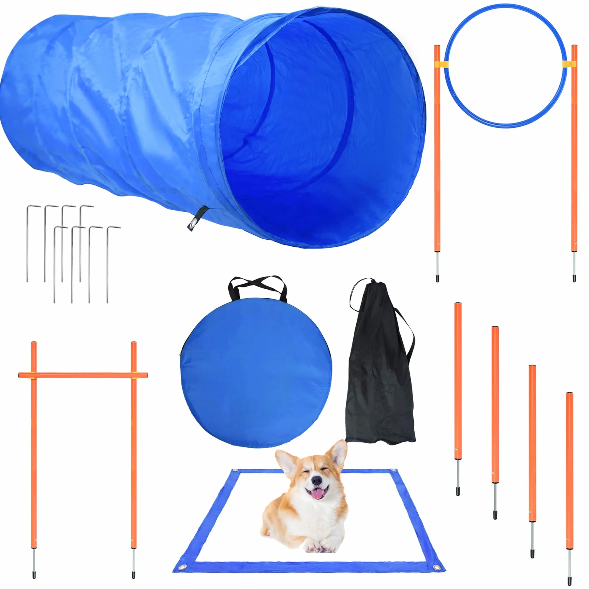 FIVMEN Agility zestaw treningowy dla psów z przeszkodą, kółkiem, tunelem, drążkami slalomowymi
