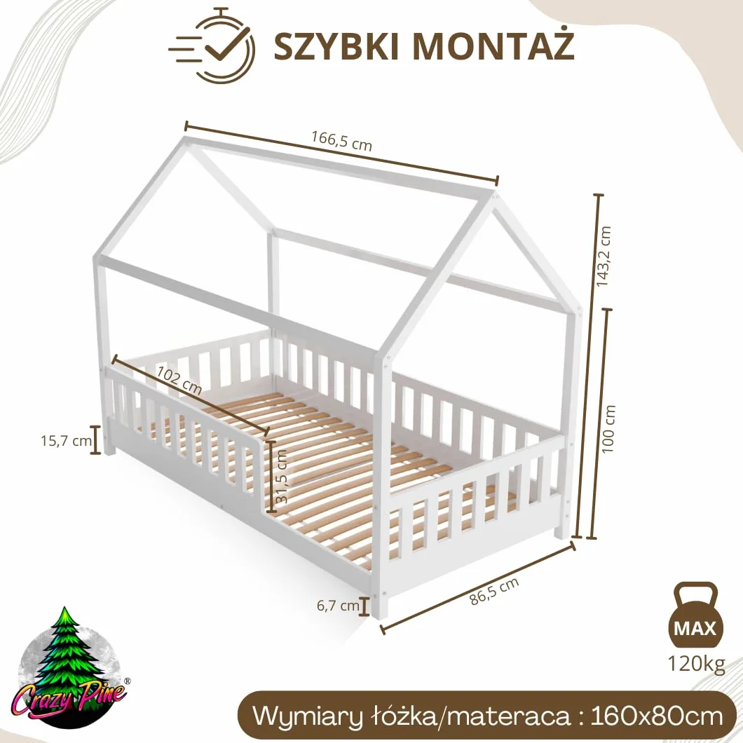 Łóżko domek Crazy Blanco 160 x 80 cm – Białe łóżko dziecięce z naturalnego drewna z odkręcaną barierką – Łóżko Montessori