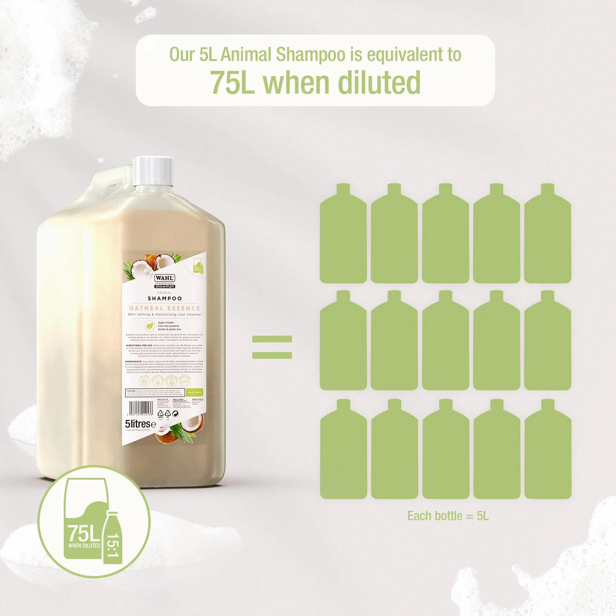 WAHL Szampon dla Psów Oatmeal Essence - 5L, Koncentrat 15:1, Naturalna Formuła, Wegański, Wrażliwa Sierść i Skóra